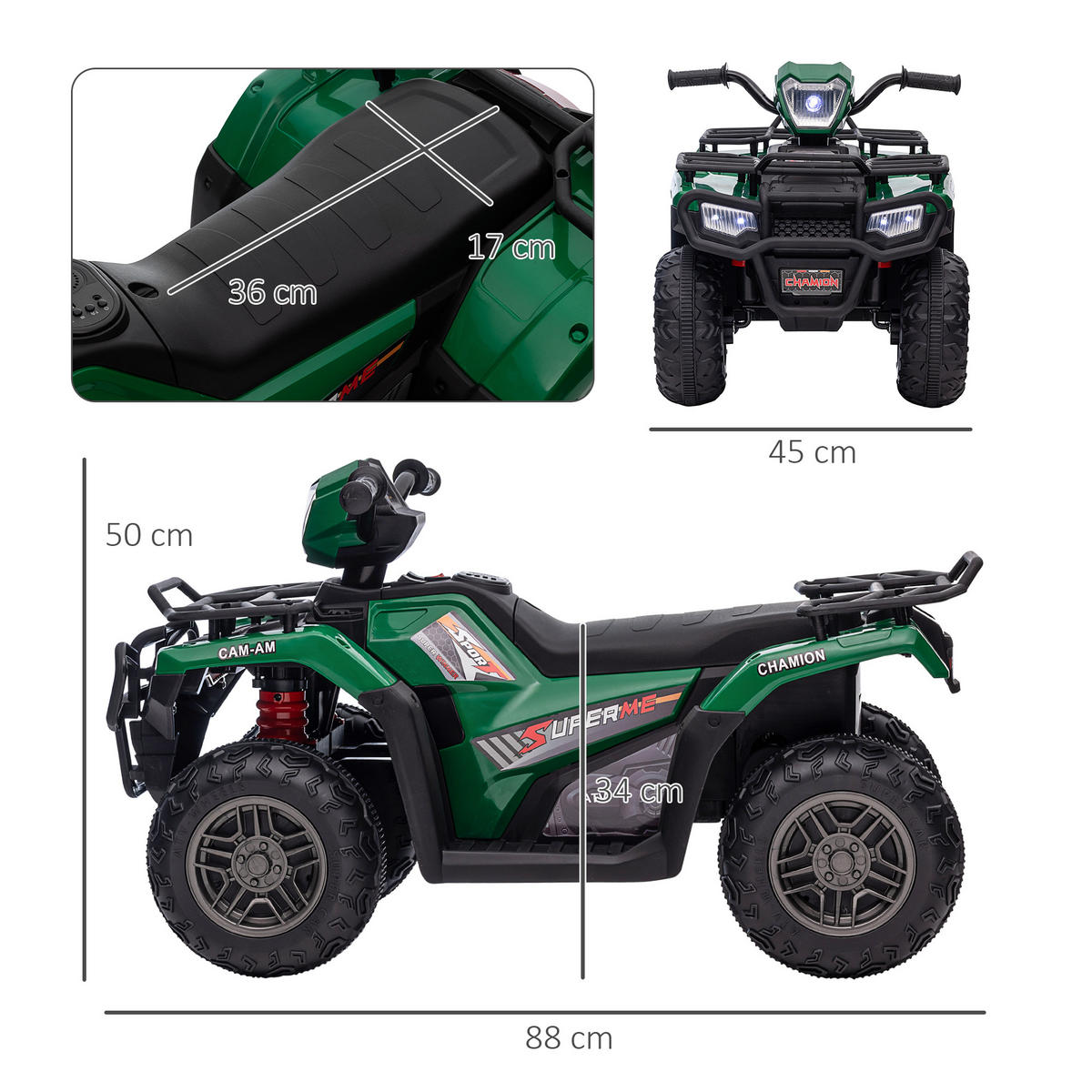 MINI ELEKTRO-QUAD KINDER, Schwarz+Grün, Kunststoff+ Stahl - Schwarz/Grün, Metall (88/45/50cm) - HOMCOM