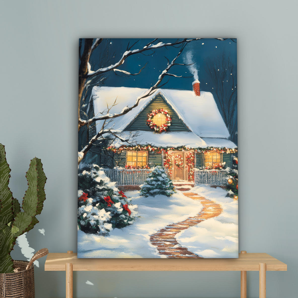 LEINWANDBILD Weihnachten - Weihnachtsbaum - Winter - Zuhause - Schnee 60x80 cm - Smaragdgrün, Textil (60/80cm) - MuchoWow