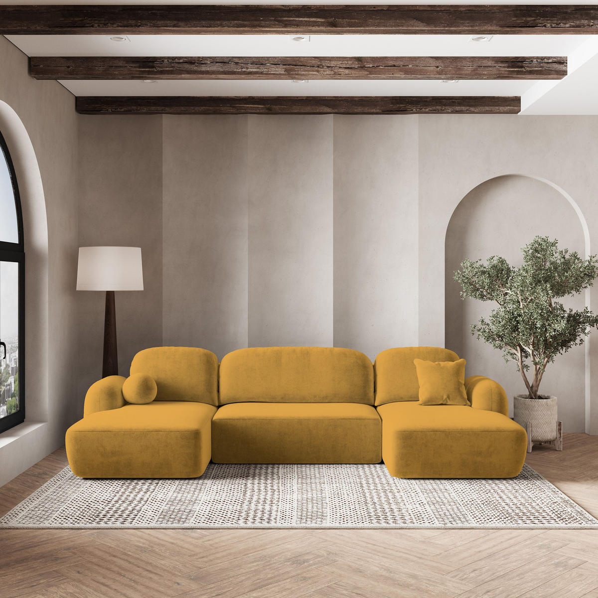 ROHOVÁ SEDAČKA SAVONA žlutá - černá/žlutá, dřevo/textil (320/148cm) - MASSENO