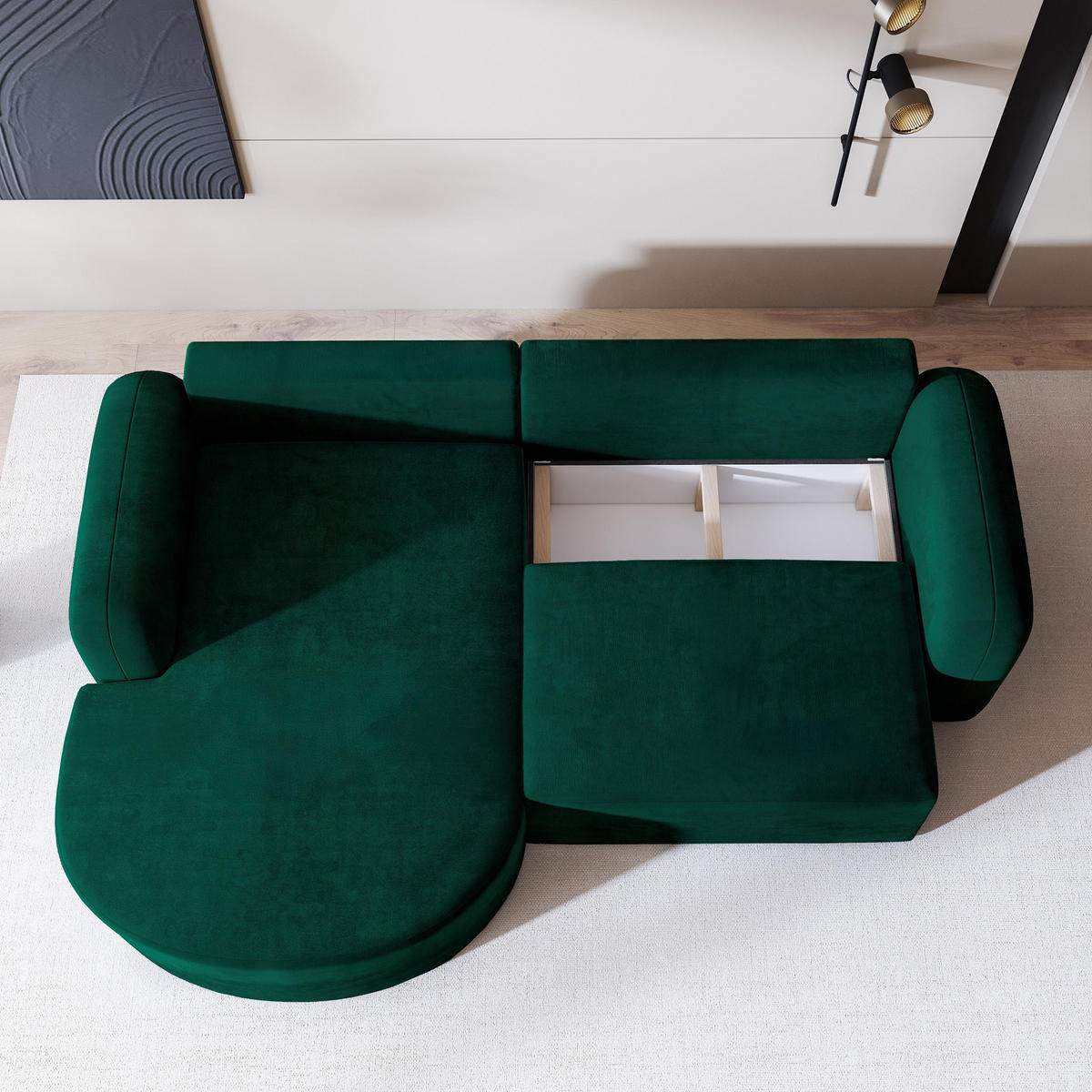 ECKSOFA AMILIA M L-S Grün Velours-Stoff mit Schlaffunktion - Grün, Holz (263/174cm) - MASSENO