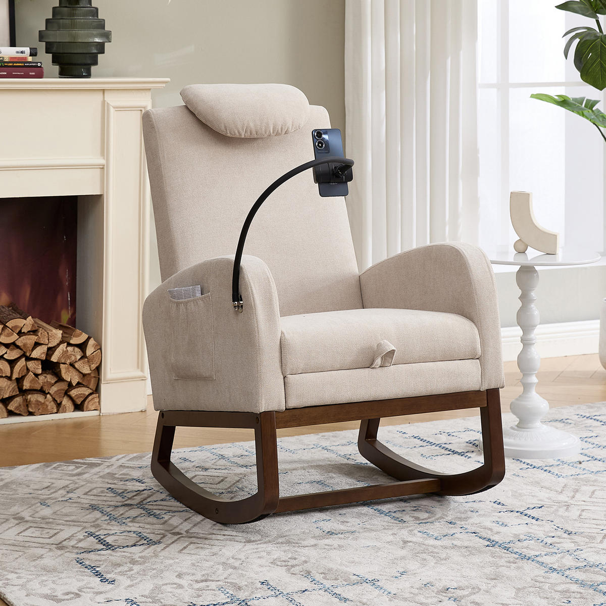 SCHAUKELSTUHL,LEINENSTOFF, Hohe Rückenlehne und Kopfstütze, ausziehbare Fußstütze/Handyhalterung – Beige - Beige, Holz/Textil (88/99/65cm) - KOMHTOM