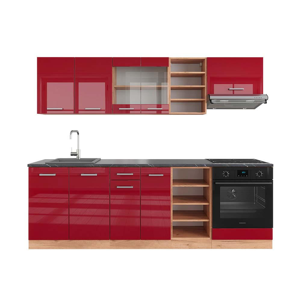 KÜCHENZEILE R-Line Rot Hochglanz/Goldkraft Eiche 240 cm , AP Anthrazit - Rot/Eiche Wotan, Holzwerkstoff (240/81.6/60cm) - Vicco