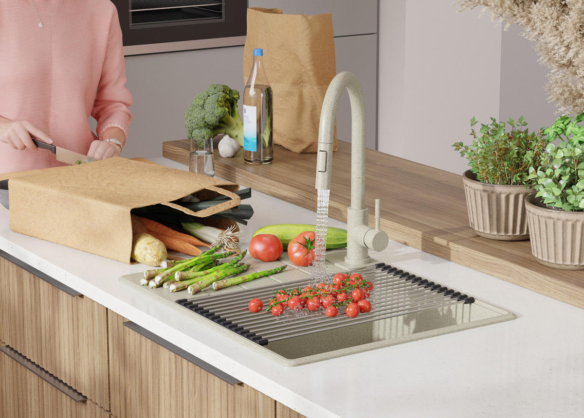 SPÜLBECKEN Kopenhagen, 2-er set Beige 62/50 cm 1 Becken + Ablauf-Set + Schneidebrett ab 50er Unterschrank - Beige, Kunststoff (62/20/50cm) - Primagran