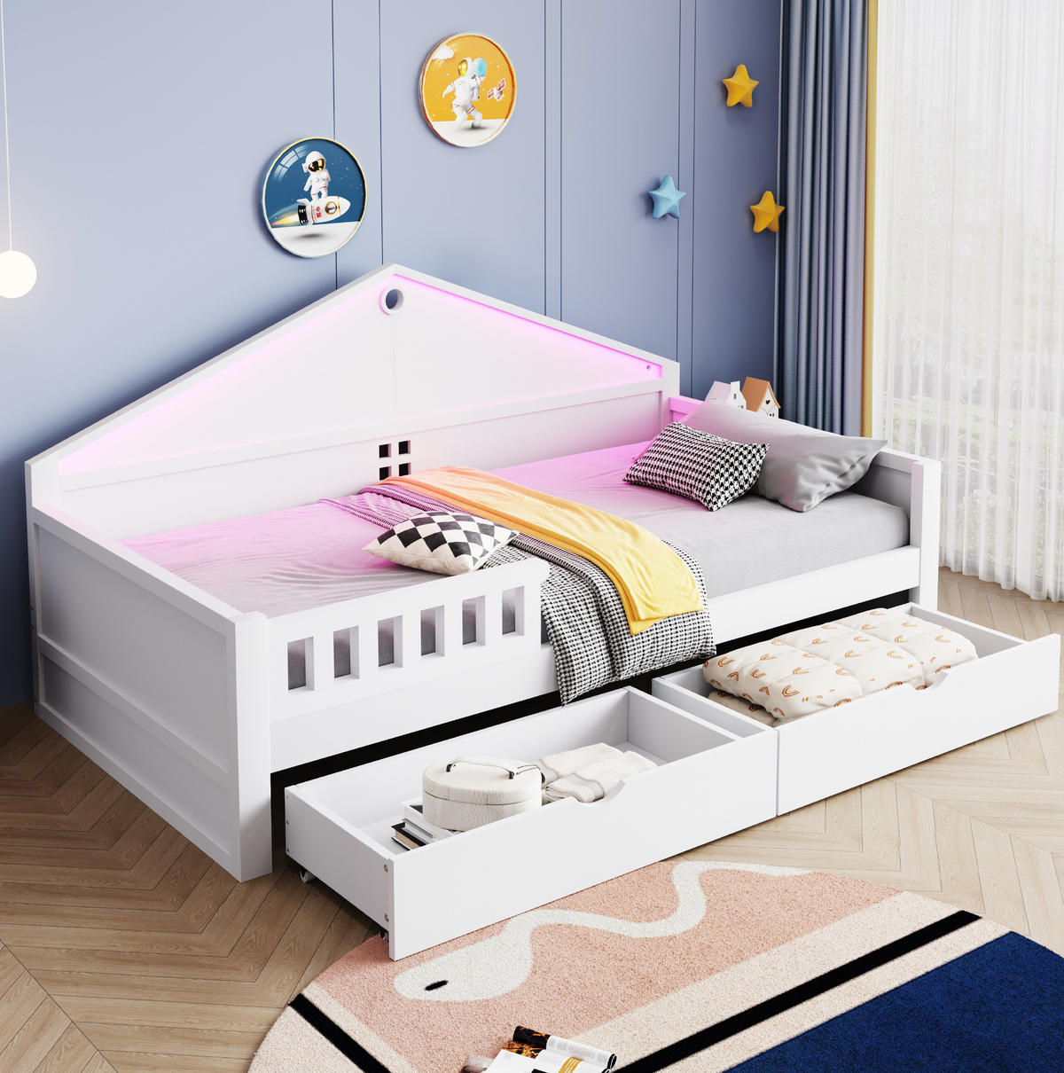 BETT mit Schubladen und LED-Beleuchtung 90x200 cm Weiß - Weiß, Holzwerkstoff (90/200cm) - Beauniv