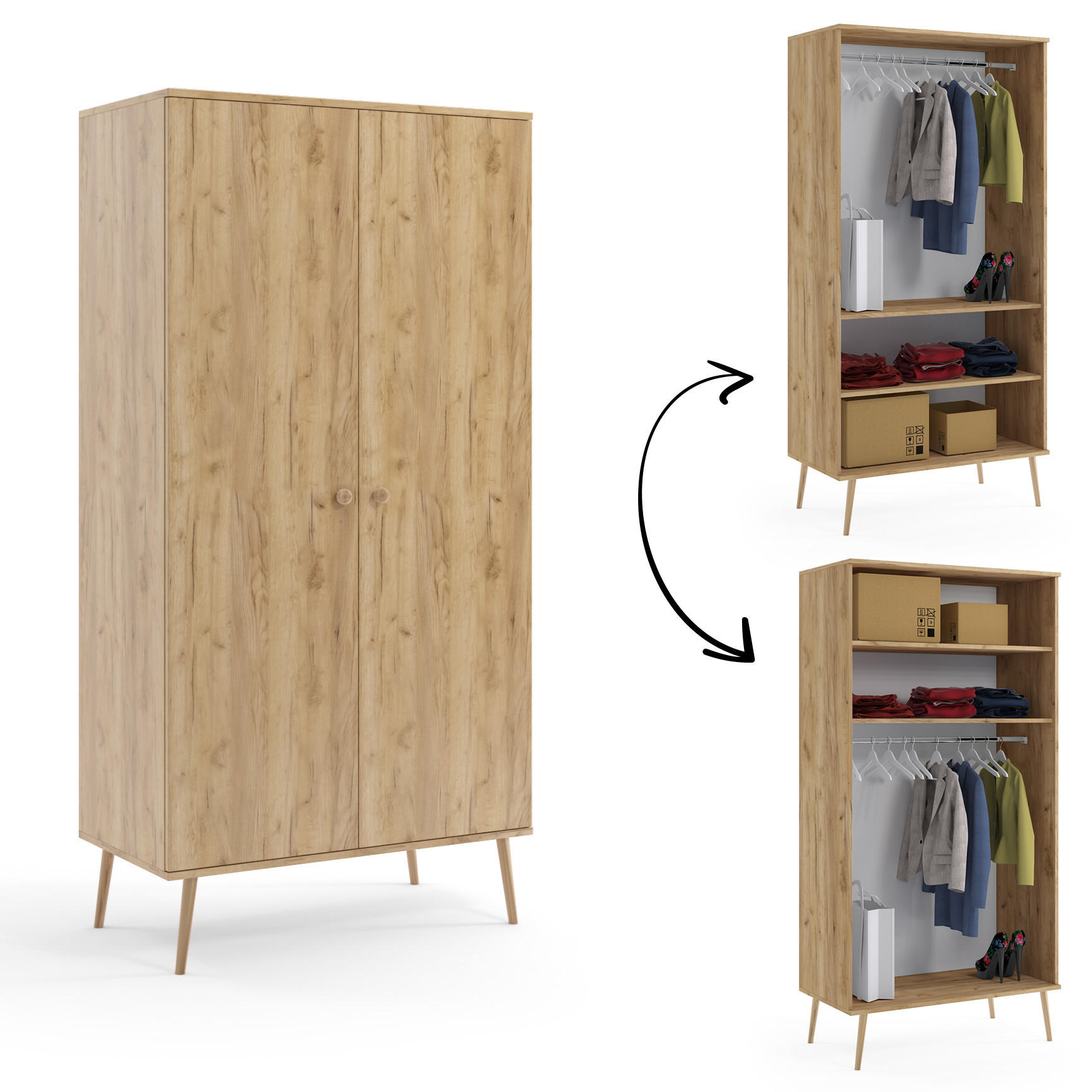SCHRANK Golden Craft Eiche Boho Tief Mit 2 Regalen Und Kleiderstange - Multicolor, Holzwerkstoff (100/202/52cm) - Sepro Meble
