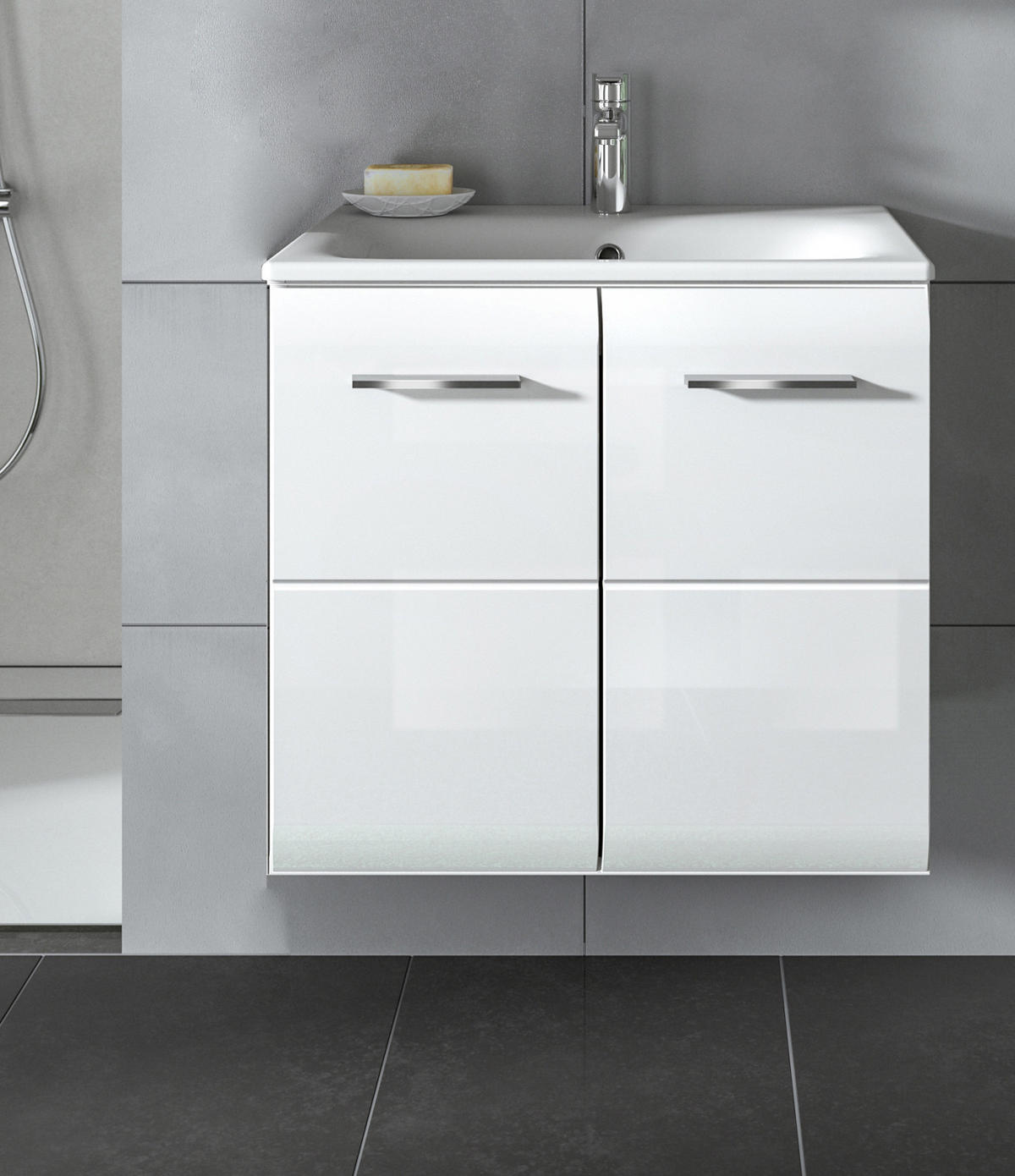 WASCHBECKENUNTERSCHRANK inklusive Waschbecken weiß Hochglanz, Waschtisch hängend 60 cm - Weiß Hochglanz/Silberfarben, Keramik/Holzwerkstoff (60/55/46cm) - Inn.Furn