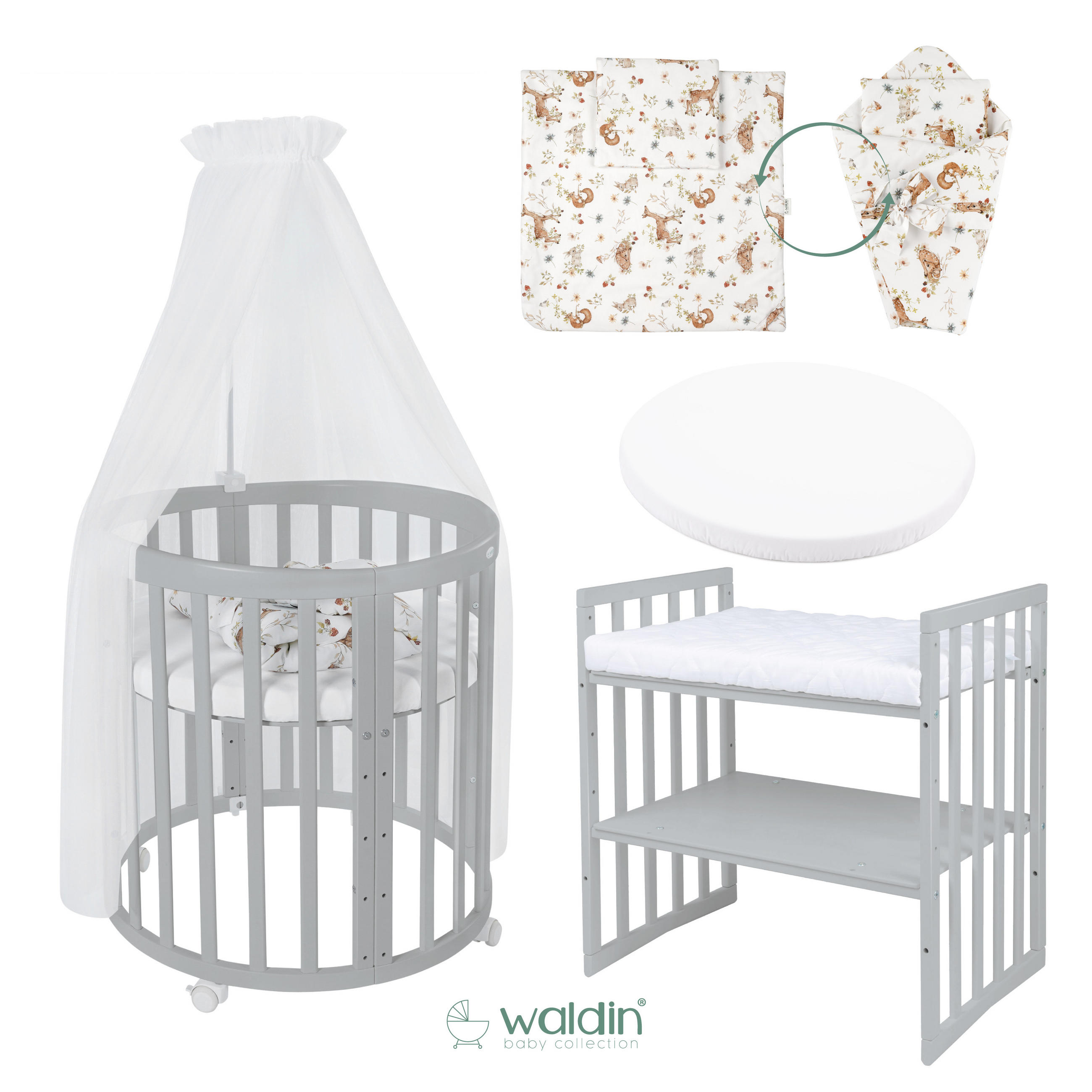 BABYBETT GREY OVAL 7in1 mit Matratze und Himmelset - Multicolor/Grau, Holz/Textil