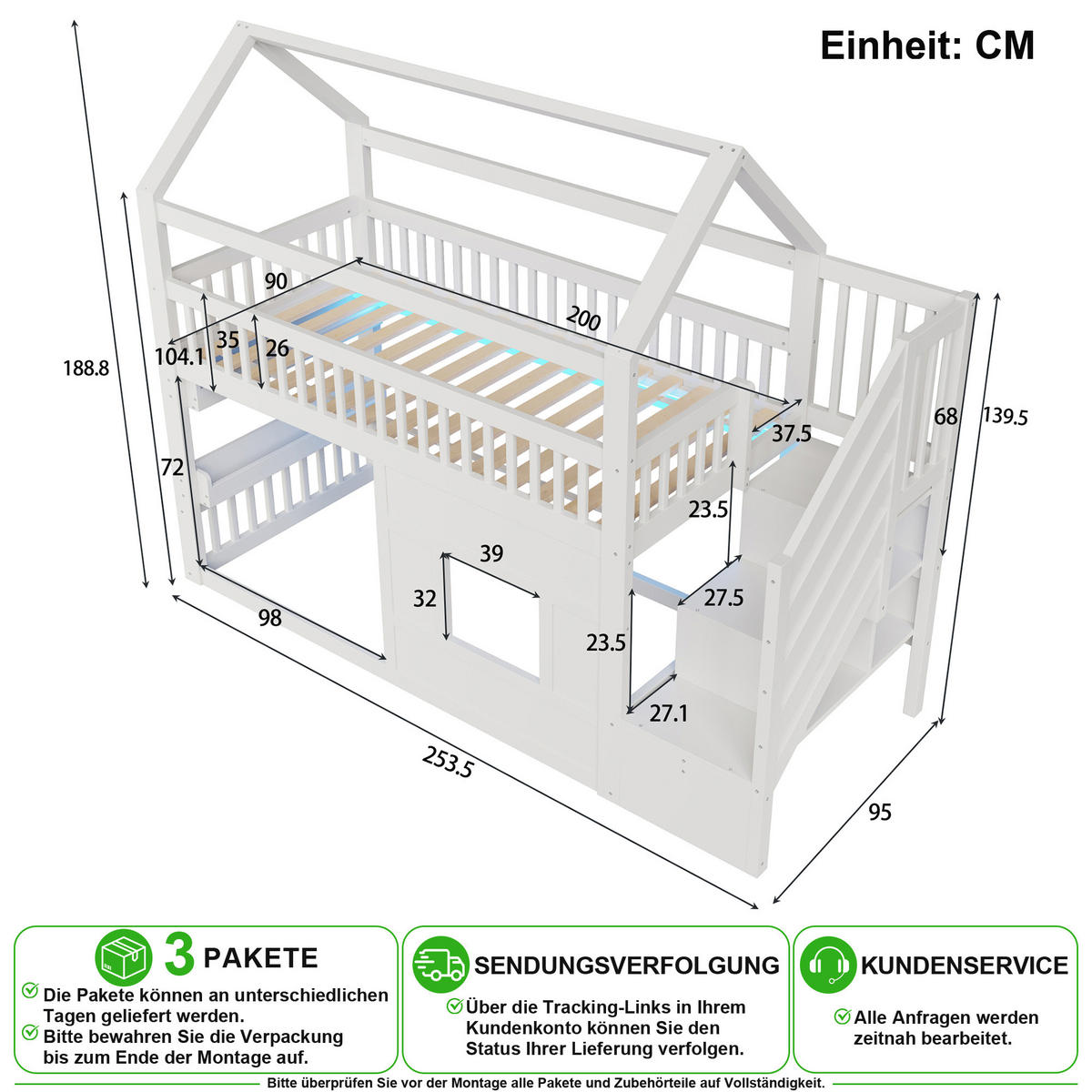 HOCHBETT 90/200 cm in Weiß mit Treppe, Ablage und LED aus Kiefernholz - Weiß, Holz/Holzwerkstoff (90/200cm) - CHICFURN