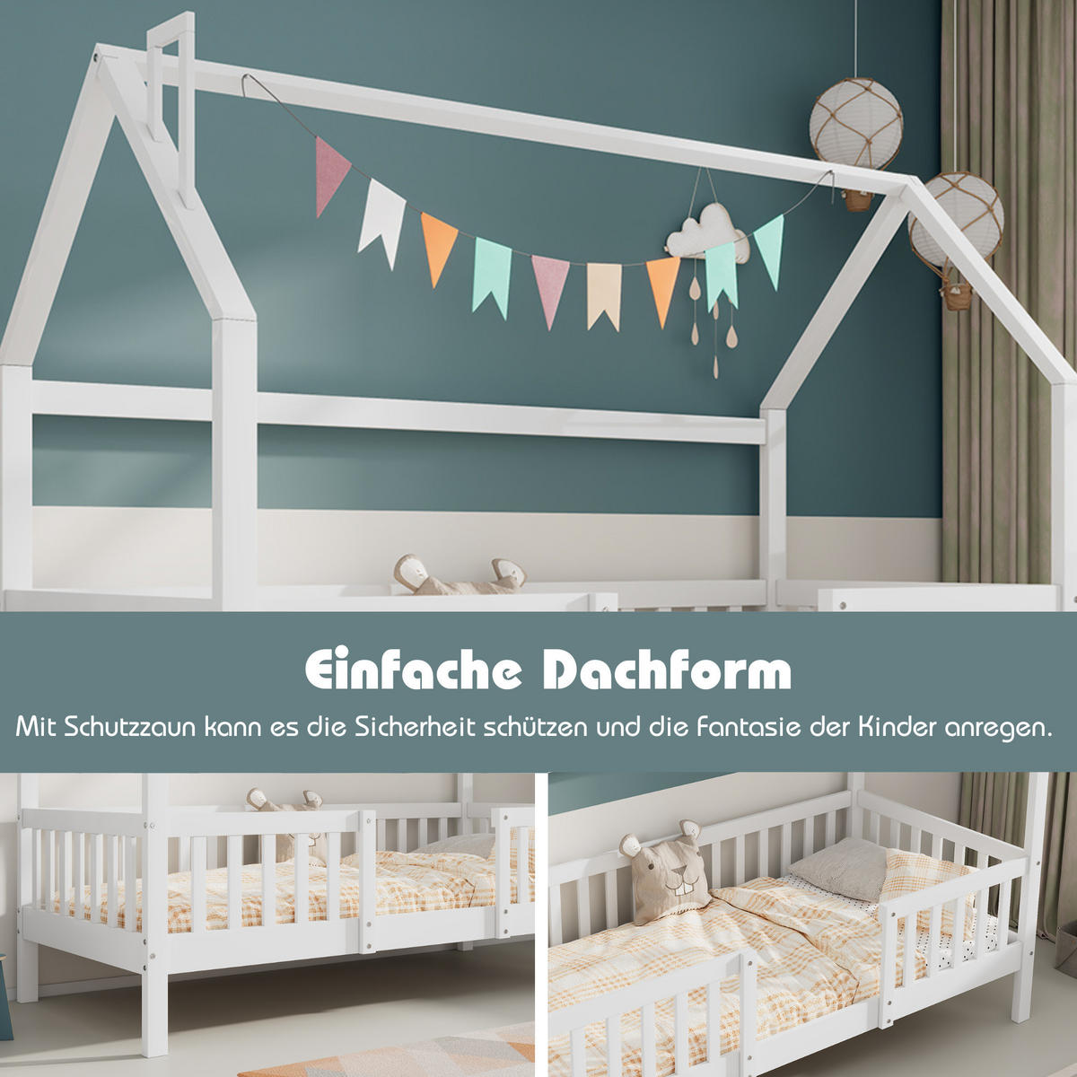 KINDERHAUSBETT 90/200 cm Weiß aus Kiefernholz mit Dach und Zaun - Weiß, Holz (90/200cm) - OKMYHOME