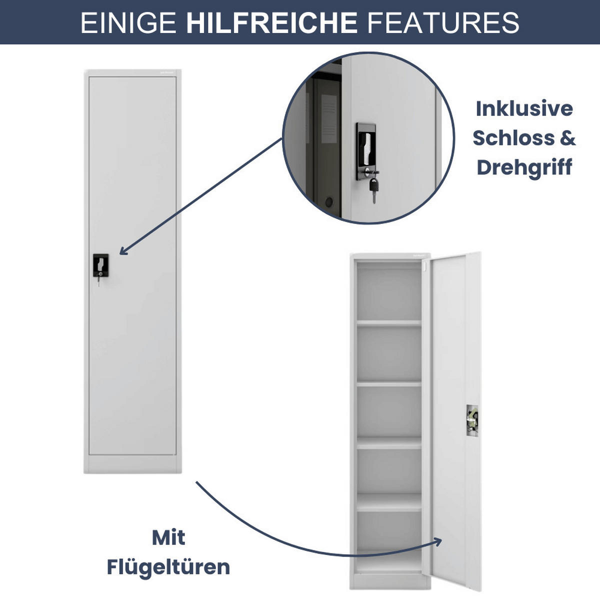 AKTENSCHRANK abschließbar KADO mit Flügeltüren 185x45x40cm Grau - Grau, Metall (45/185/40cm) - DELUKE