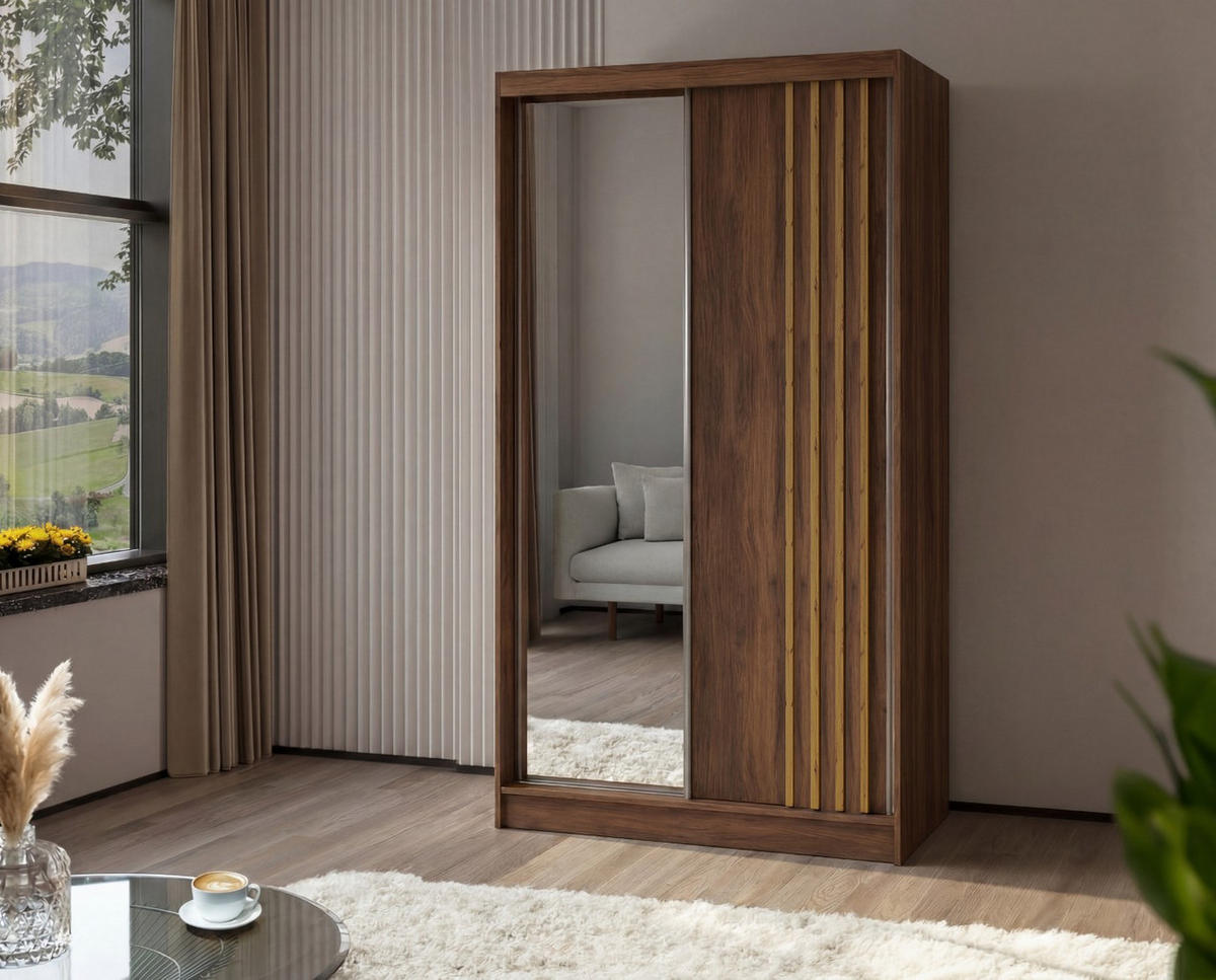 SCHWEBETÜRENSCHRANK Neli 120 cm mit Lamellen und Spiegel 2-türig, Nuss Warmia, Lamelle artisan - Dunkelbraun/Eiche Artisan, Kunststoff (120/216/61cm) - Margaret Hadas24