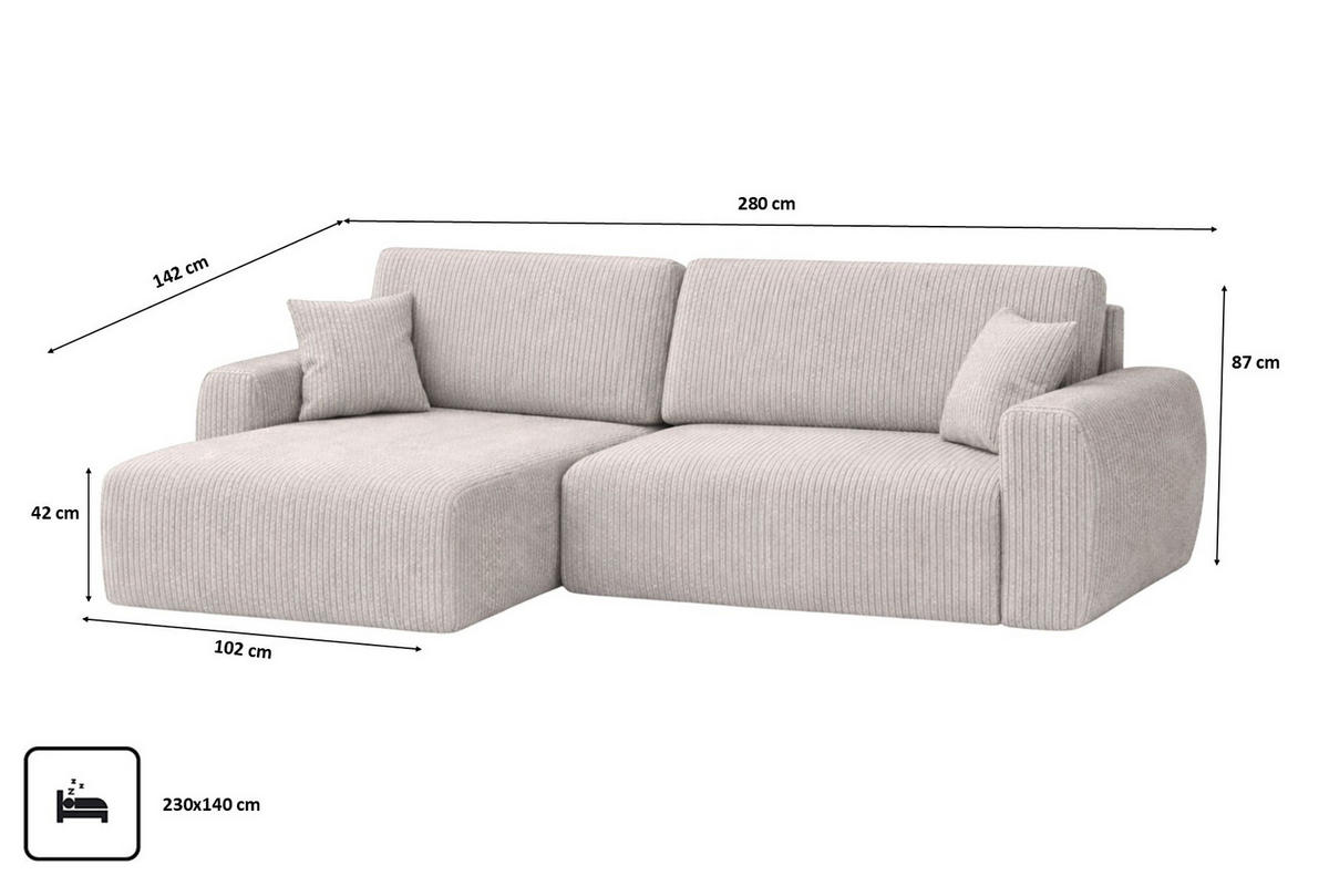 ECKSOFA Mit Schlaffunktion, Ariel XL, Cordstoff, Stoff Poso, Beige, Links - Creme, Holz (280/142cm) - Kaiser Möbel