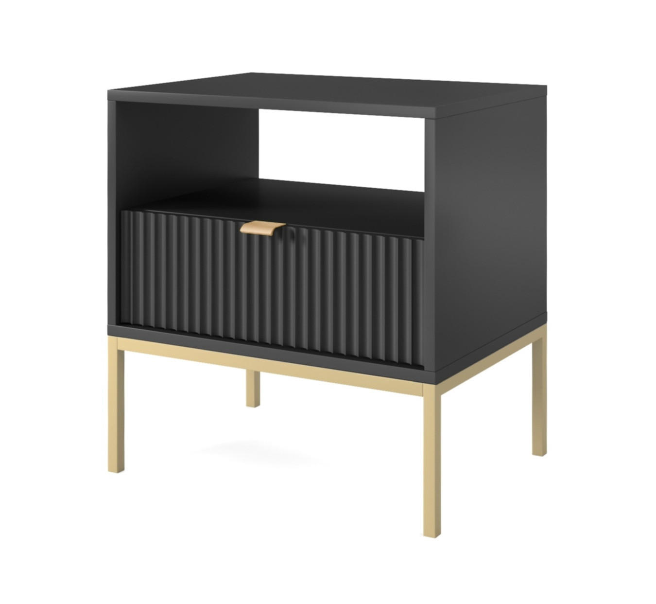 NACHTTISCH 54 cm Galla mit Schublade, Geriffelte Fronten, Schwarz + Gold - Goldfarben/Schwarz, Holz (54/56/39cm) - Emporius