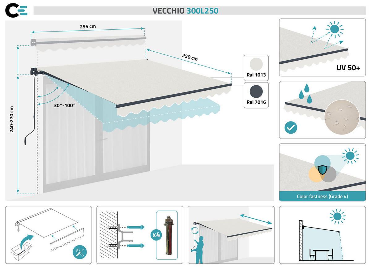 EINTEILIGE MARKISE Vecchio Beige 3m x 2,5m - Premium-Leinwand 320g/m² - Beige, Metall (295/270/250cm) - Cazeboo