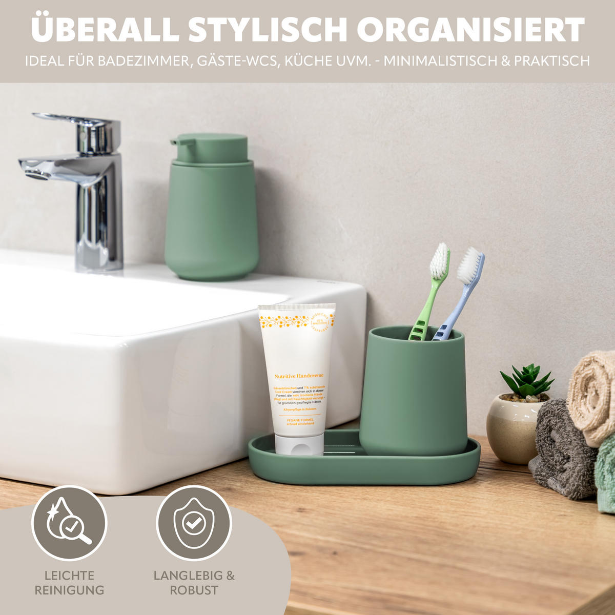 BAD-ACCESSOIRES-SET TESERO 3tlg., Soft-Touch, grün - Grün, Kunststoff (8.5/12/9cm) - eluno
