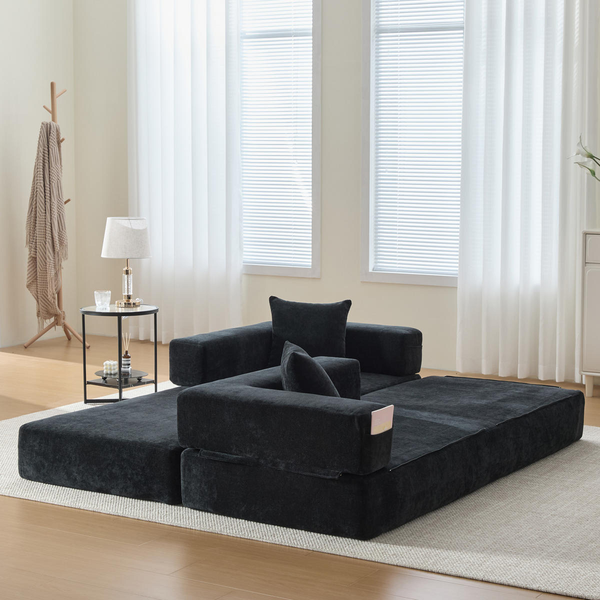 SOFA modular 198 x 79 cm Chenille Black - Schwarz, Kunststoff (31.1/23.62/77.95cm) - Meubliv