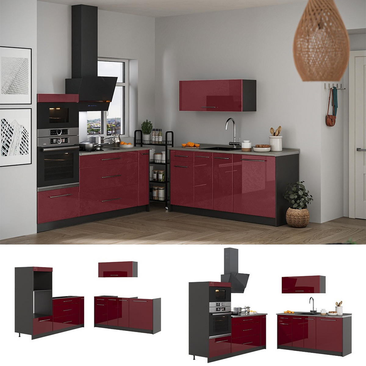 KÜCHENZEILE Fame-Line, Bordeaux Hochglanz/Anthrazit, 340 cm, AP Anthrazit - Bordeaux/Anthrazit, Holzwerkstoff (340/153.6/60cm) - Vicco