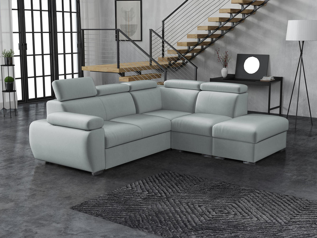ECKSOFA Boston 2RR1P, Seite: Rechts 2R+R+1P(65)+PUFAP - Silberfarben/Hellgrau, Holz/Textil (260/230cm) - MIRJAN24