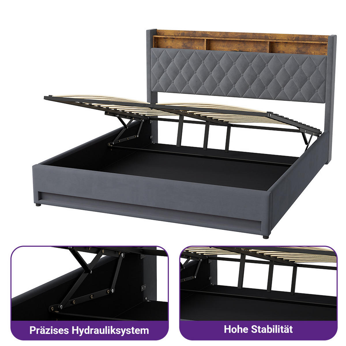 ČALOUNĚNÁ POSTEL 180/200 cm s úložným prostorem a zásuvkou, boxspringová postel s USB a LED osvětlením - šedá, kov/kompozitní dřevo (180/200cm) - STILVORA