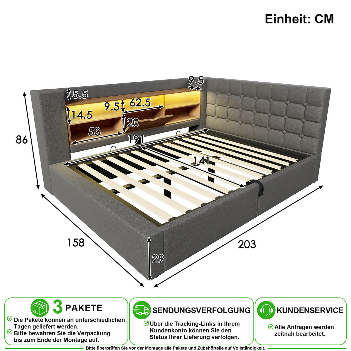 POLSTERBETT 140/190 cm in Grau mit Stauraum, LED und USB aus Leinenstoff - Grau, Holzwerkstoff/Textil (140/190cm) - CHICFURN