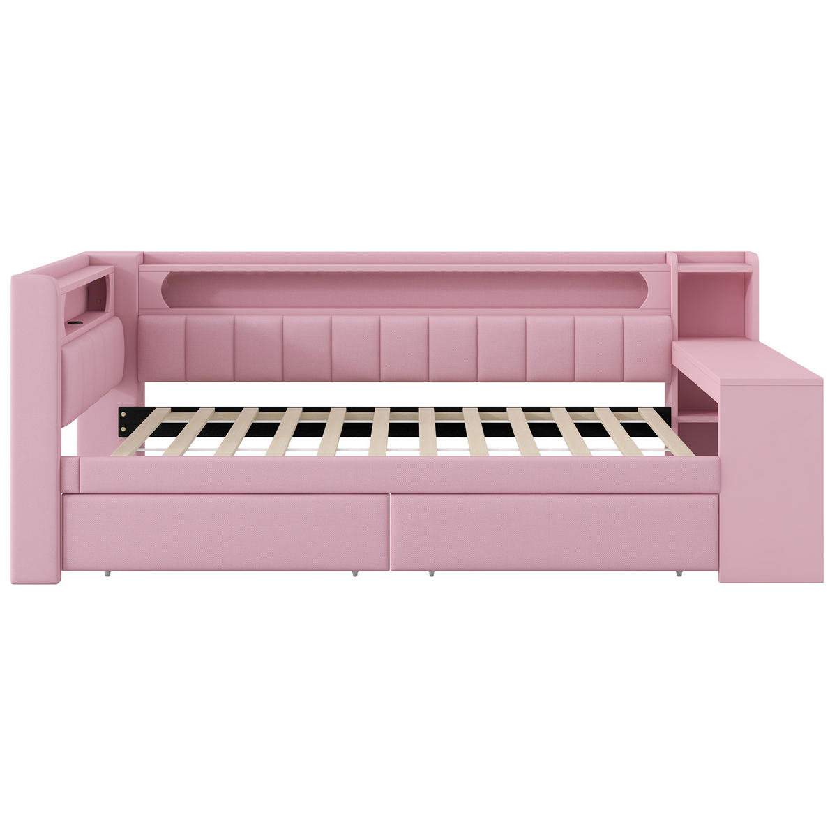 POLSTERBETT 90/200 cm Rosa aus MDF, Sperrholz und Leinen mit USB, LED und Schreibtisch - Rosa, Textil (90/200cm) - OKMYHOME
