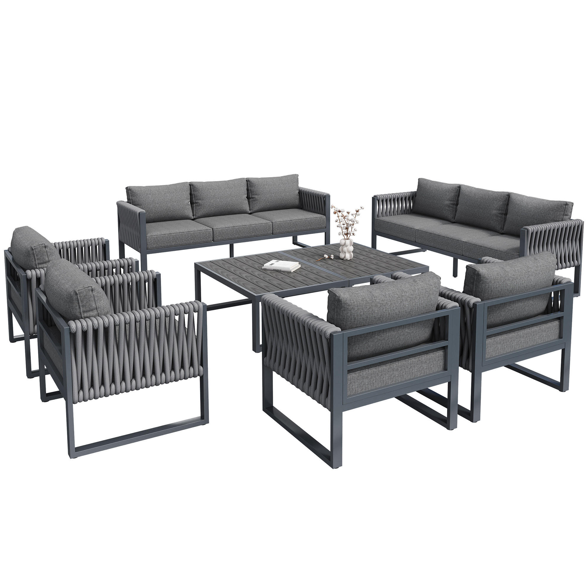GARTENLOUNGE-SET aus Metall mit Kissen & Tisch, 4 Sessel + 2 Dreisitzer, 167/61/63 cm, Grau - Grau, Metall - Redom