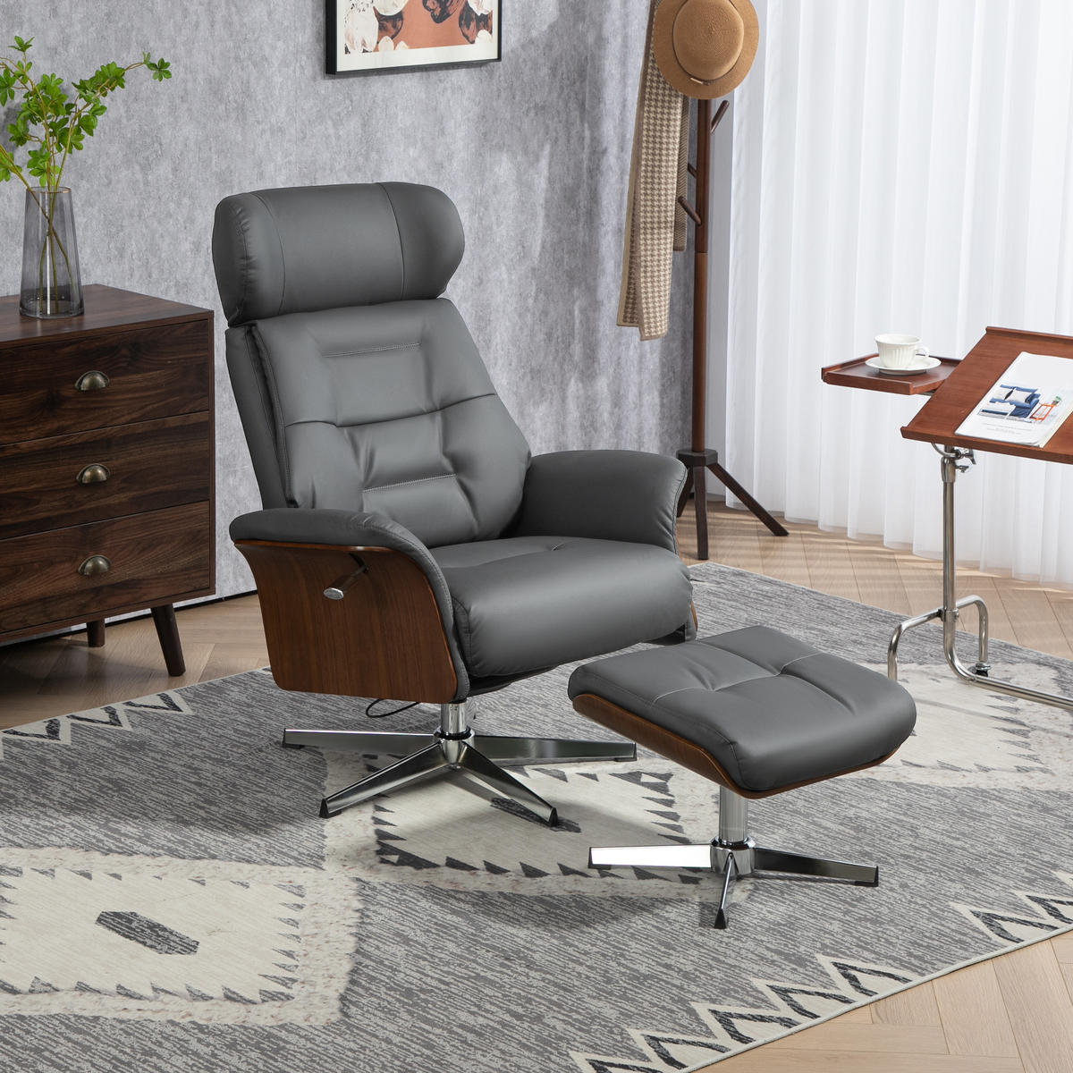 RELAXSESSEL mit Hocker, Fernsehsessel mit Liegefunktion, verstellbare Kopfstütze - Dunkelgrau, Kunststoff (84/108/80cm) - HOMCOM