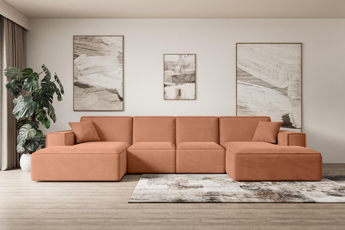 WOHNLANDSCHAFT SIERRA-U - 344x165x73 cm Koralle Velours - Koralle/Schwarz, Holzwerkstoff/Kunststoff (344/73/165cm) - ALTDECOR