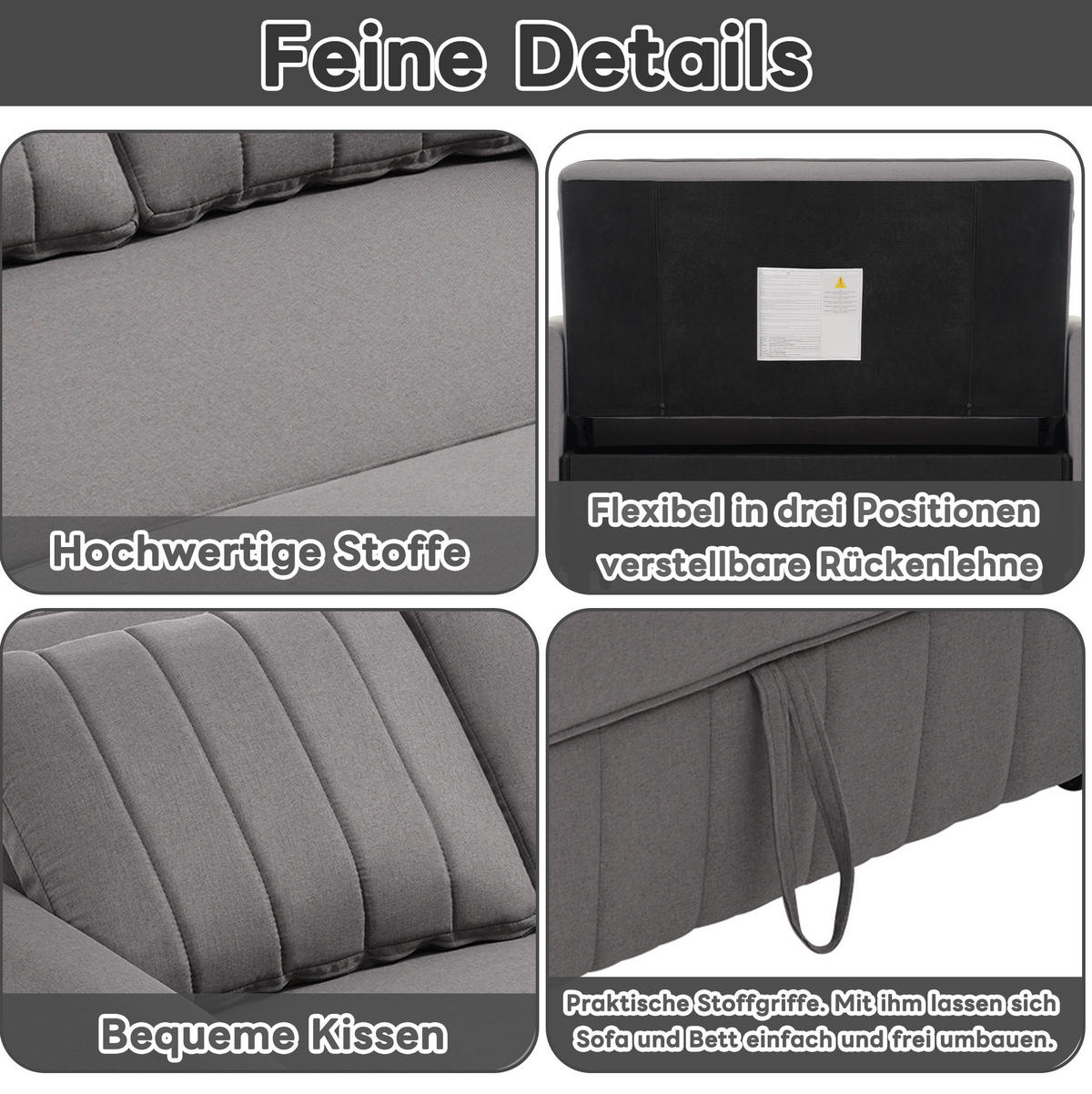 KLAPPSOFABETT mit Schlaffunktion und 3-fach Rückenlehne Antikgrau 127/75/94 cm - Grau, Textil (75/94/127cm) - Redom
