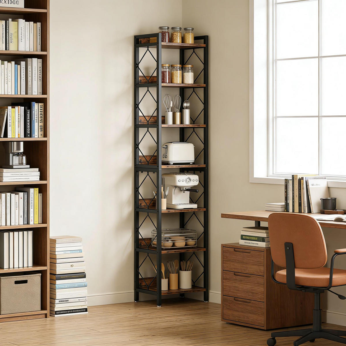 BÜCHERREGAL Schwarz/Braun 7 offene Fächer 35/35/200 cm - Schwarz, Metall (35/200/35cm) - PANGIVO