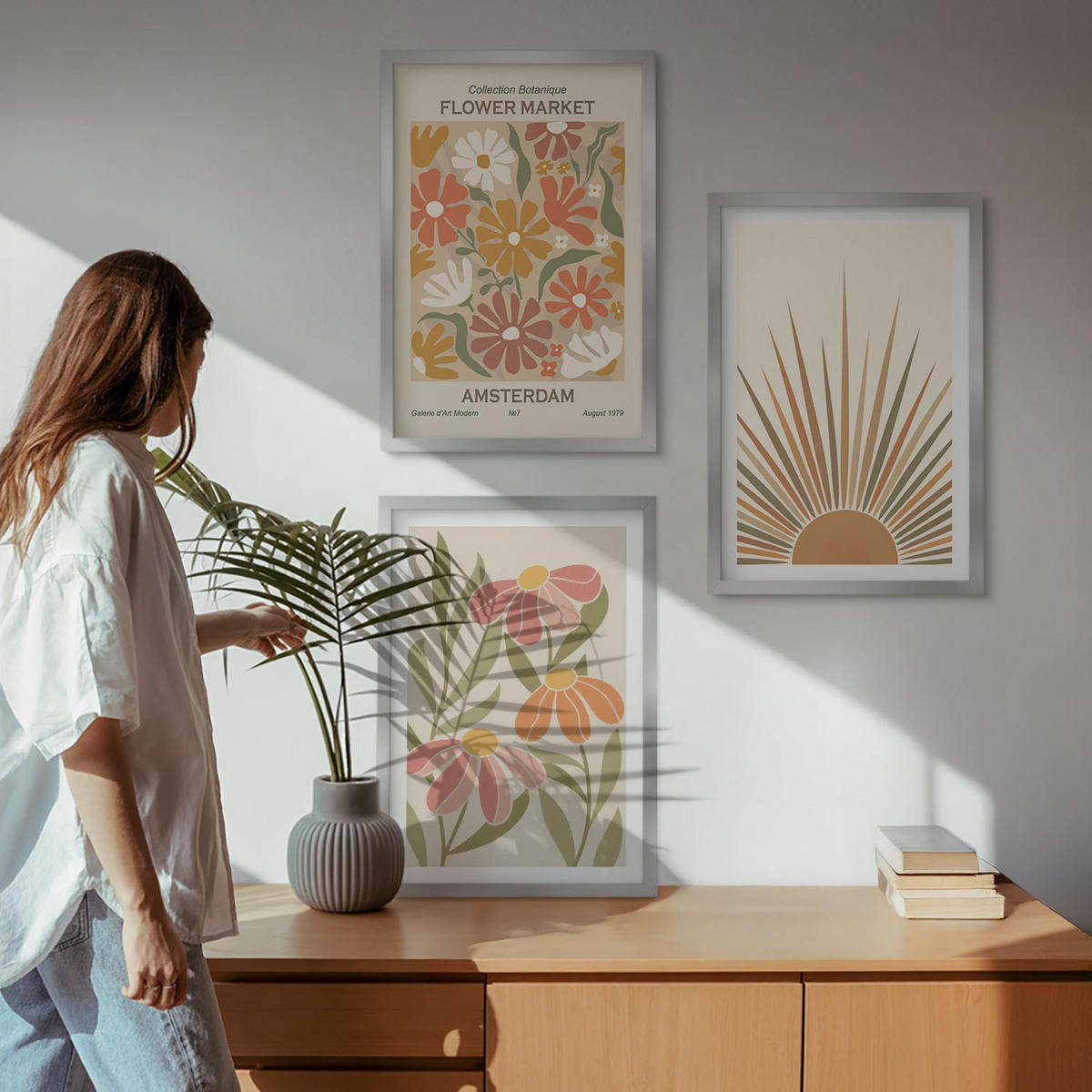 BILDER SET 3er Set - 40x60 cm Silberner Rahmen - Pastellfarbene Sonnenblumen - Silberfarben, Kunststoff (40/60cm) - TULUP