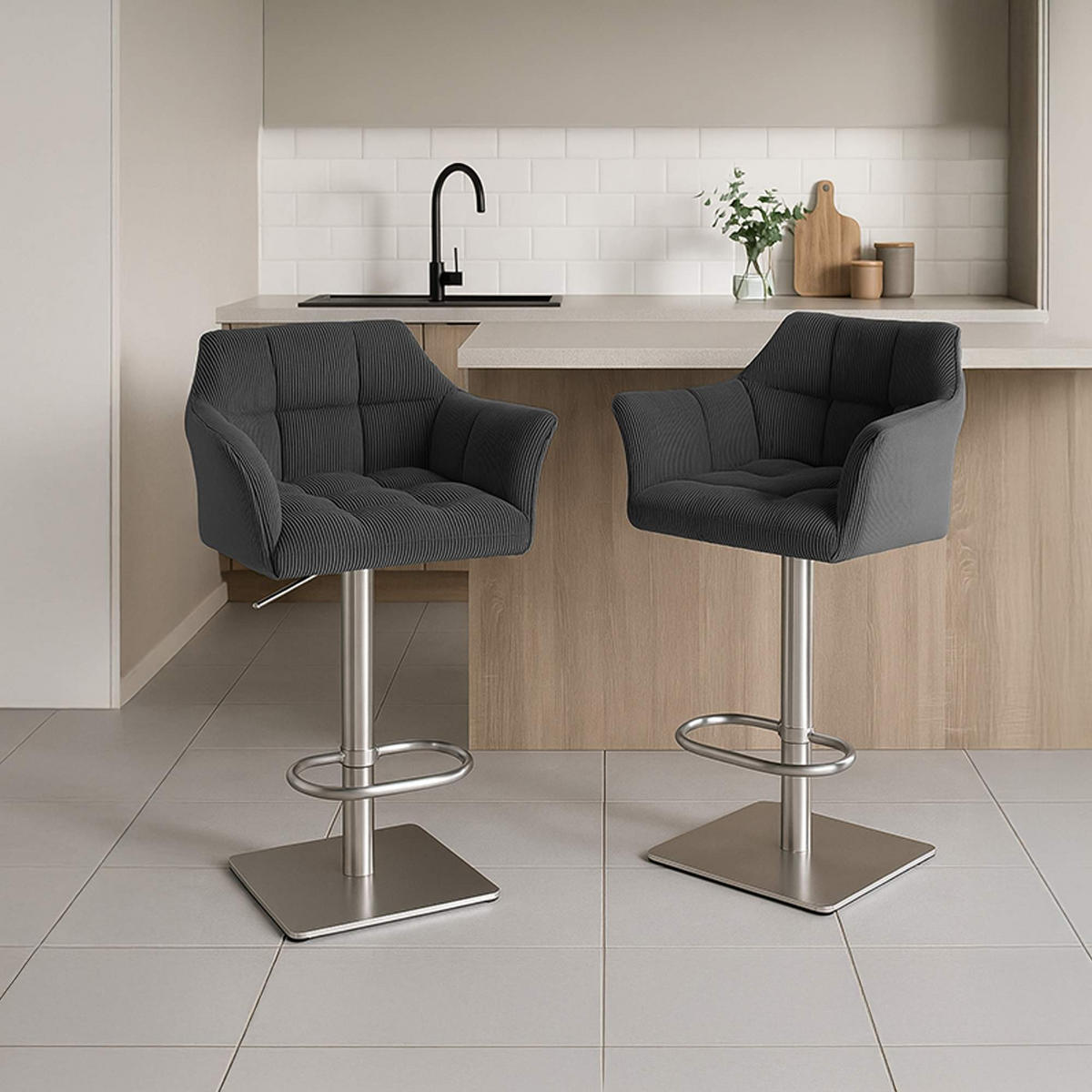 BARHOCKER Cord Dunkelgrau - Edelstahlfarben/Dunkelgrau, Textil/Metall (64/88/45cm) - CLP