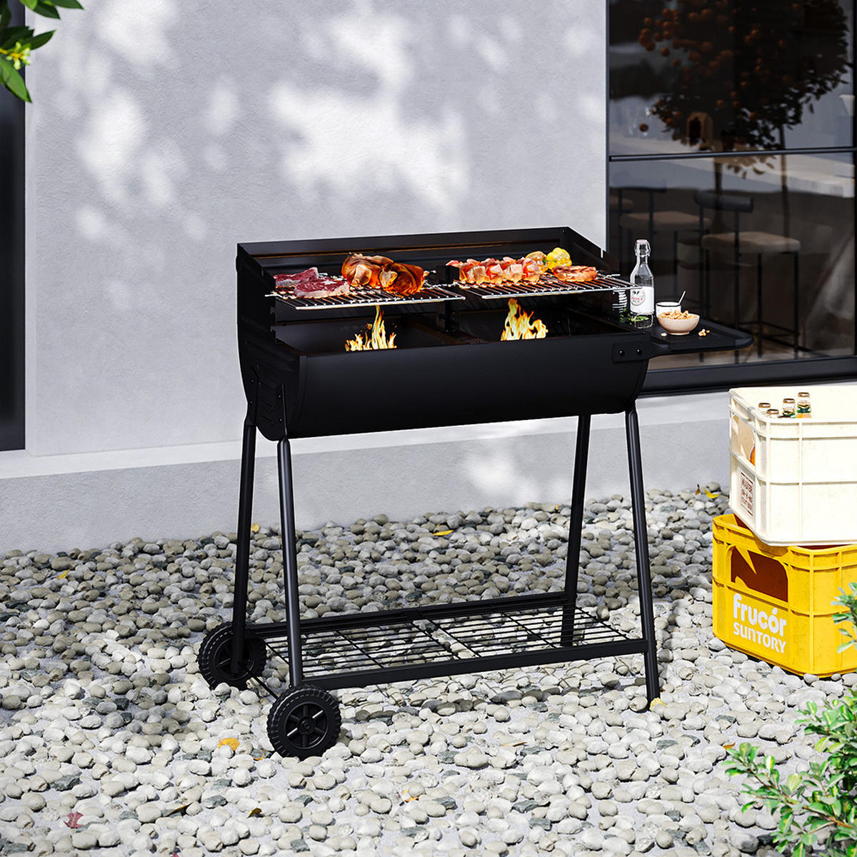 HOLZKOHLEGRILL Carbonstahl mit Rollen aus Kohlenstoffstahl in Schwarz langlebig & hitzebeständig pulverbeschichtet mobil 107,5 x54,5 x93 cm 15 kg - Schwarz, Metall (54/93/107cm) - Livingandhome