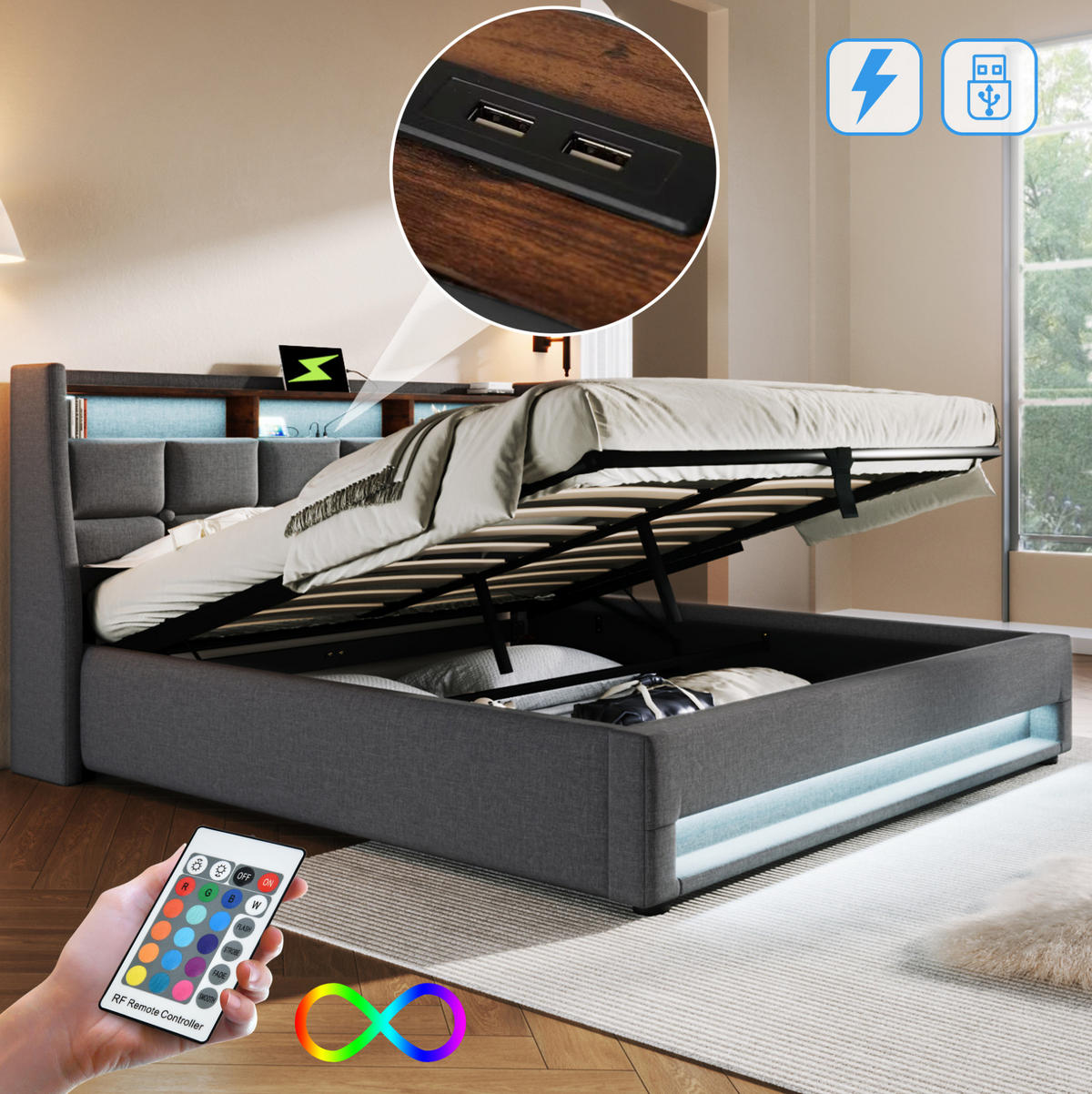 ČALÚNENÁ posteľ s LED osvetlením a USB, 165/210/117 cm, sivá, ľan, s úložným priestorom - sivá, textil (160/200cm) - BEAOK