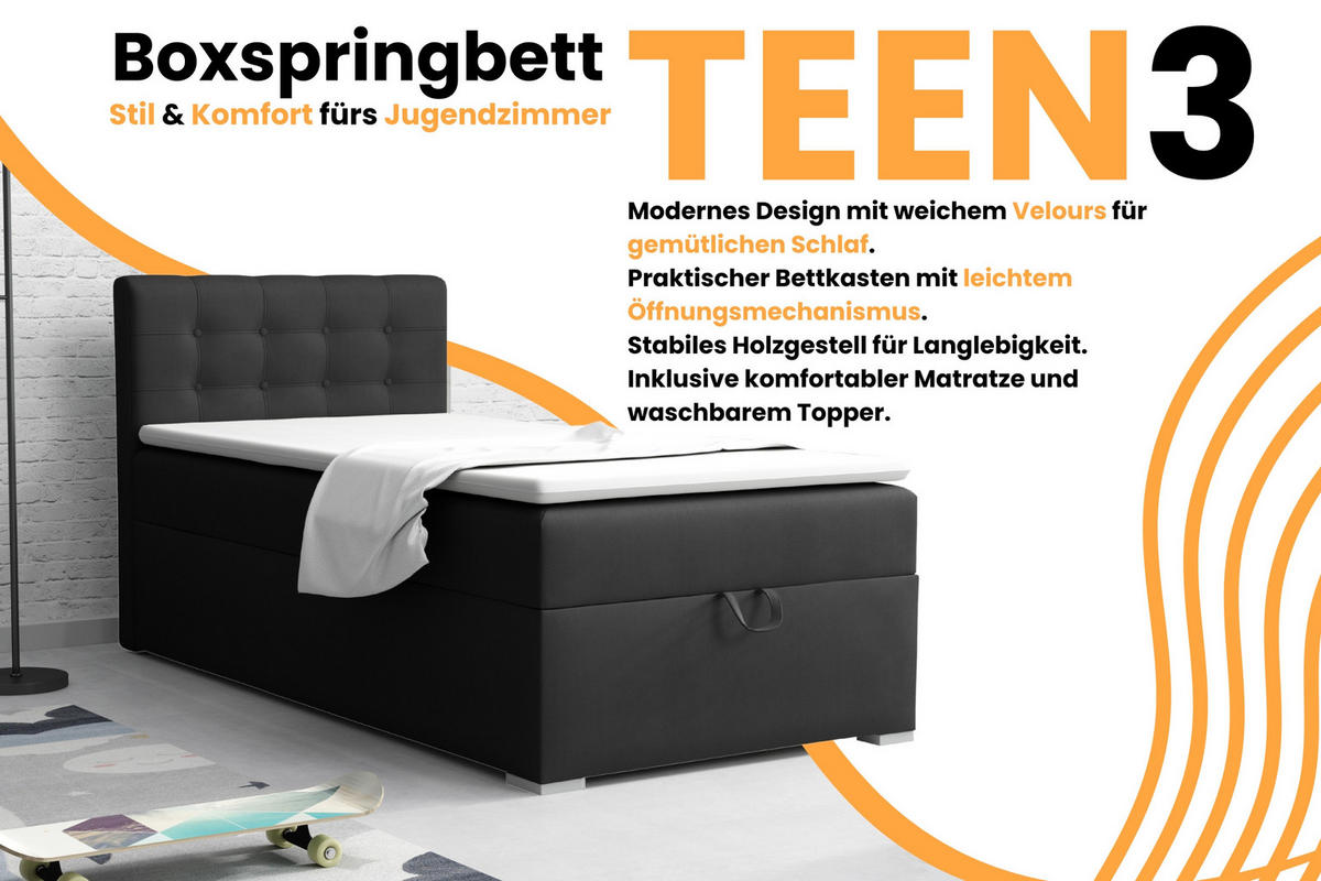 BOXBETT TEEN 3 100/200 Velours Schwarz H4 - Schwarz, Holz/Holzwerkstoff (100/200cm) - Deine Möbel 24