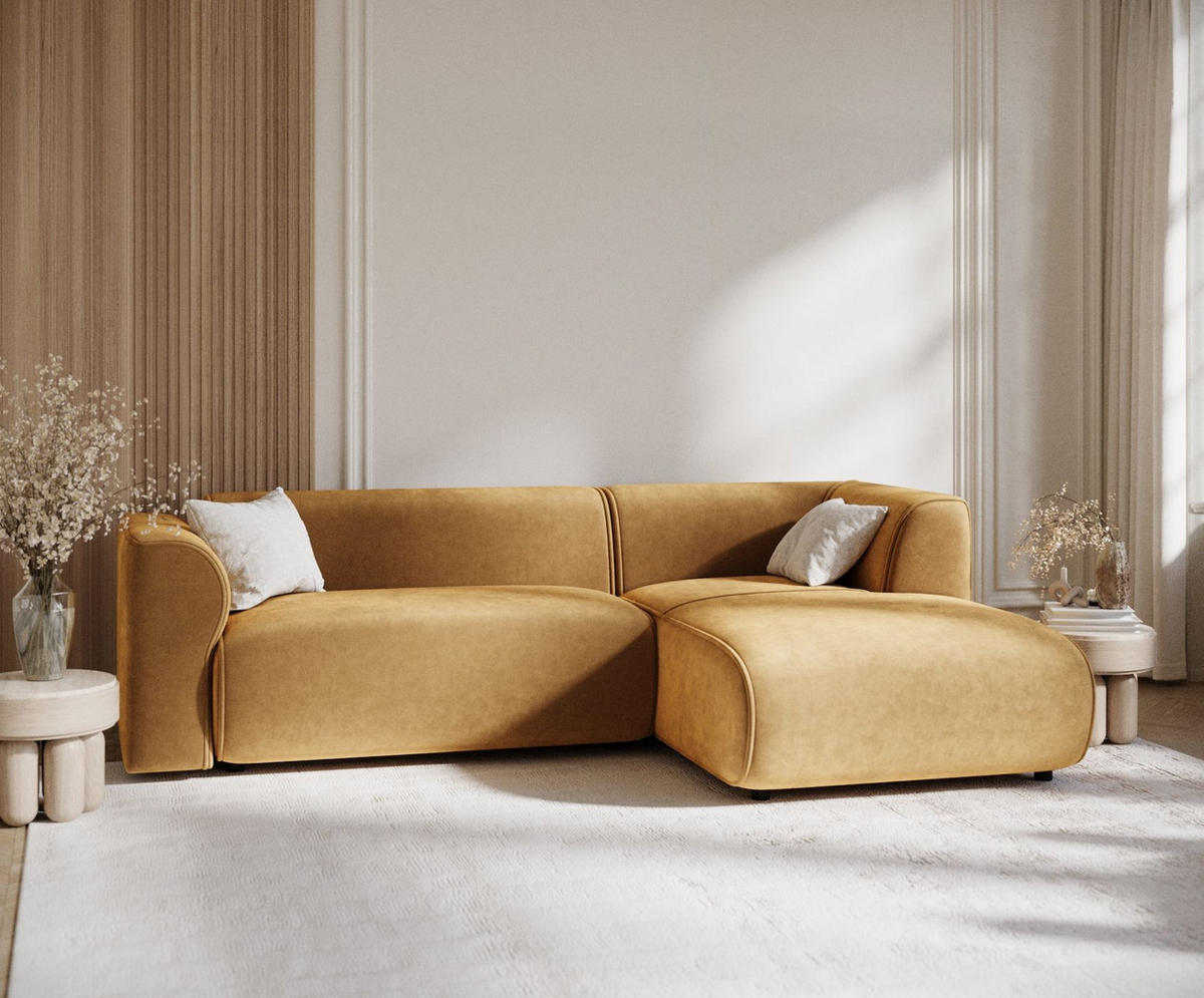 ECKSOFA Melani Honigfarbe Samtstoff - Rechts Seite - Schwarz/Honig, Holz/Holzwerkstoff (162/256cm) - Maison de Reve