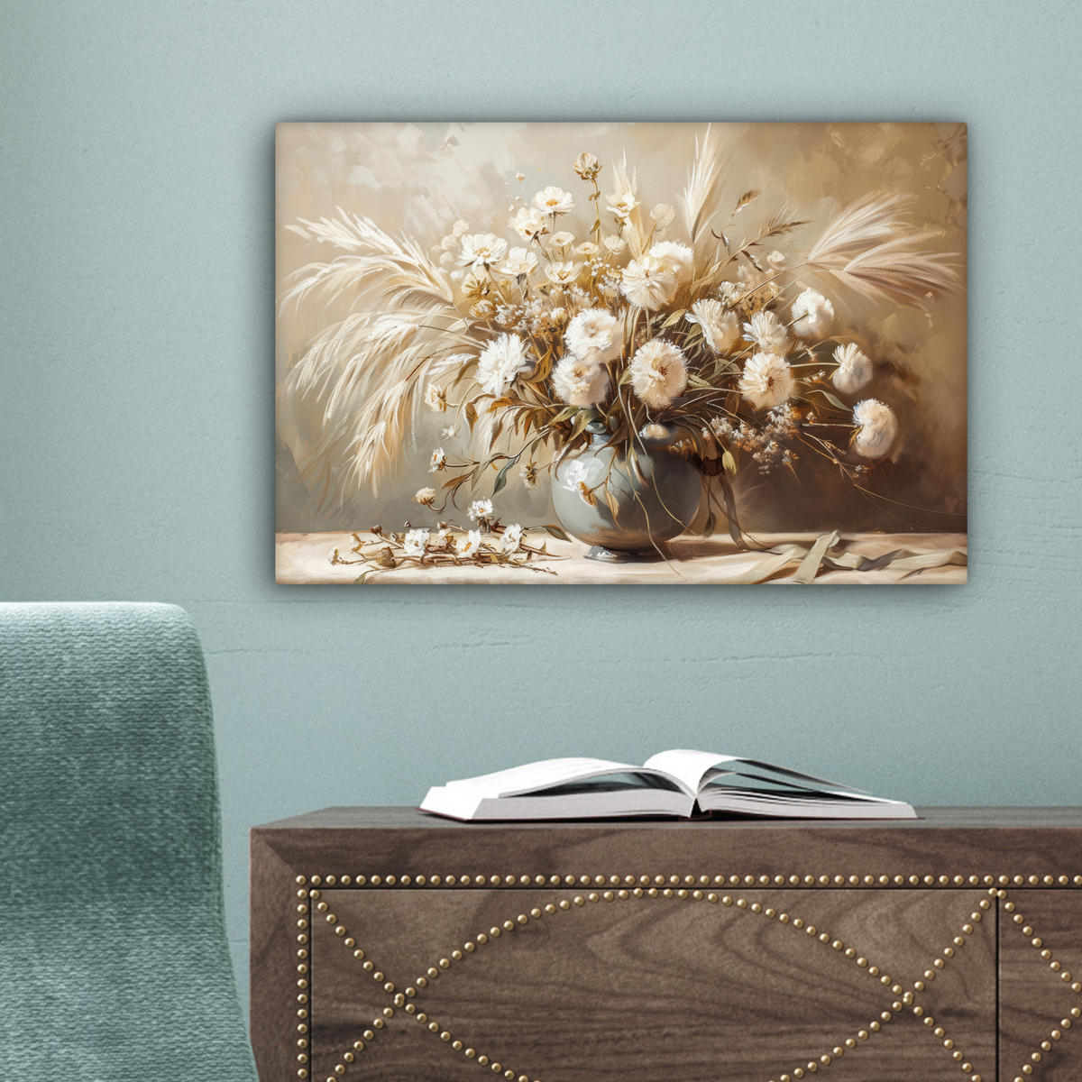 LEINWANDBILD Blumen - Vase - Stilleben - Beige 30x20 cm - Creme, Textil (30/20cm) - MuchoWow
