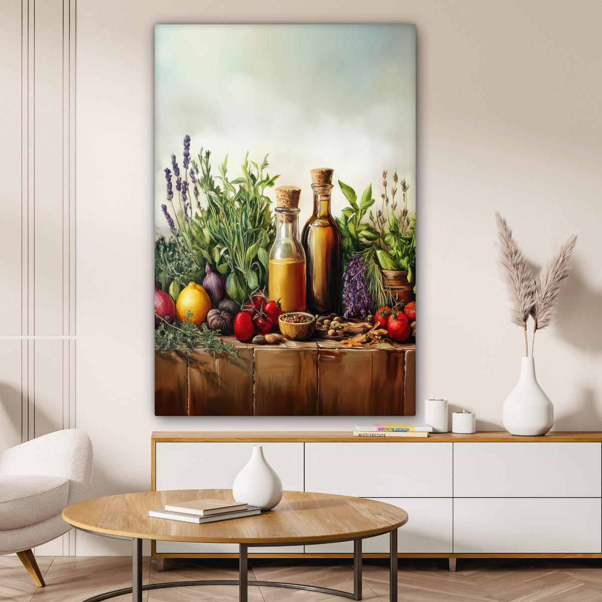 LEINWANDBILD Stilleben - Kräuter - Gewürze - Früchte - Farbenfroh Deko Groß 90x140 cm - Grün, Textil (90/140cm) - MuchoWow