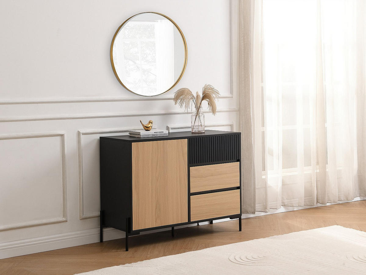 SIDEBOARD mit 1 Tür & 3 Schubladen - Schwarz & Holzfarben dunkel - GLARODI - Schwarz, Holz (104/75/40cm) - Vente-Unique