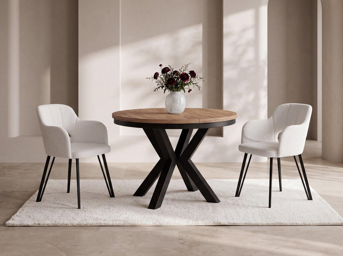 ESSTISCH Clara runder ausziehbarer, Eiche Braun 120-200/120/76 cm - Eiche Wotan/Schwarz, Holzwerkstoff/Metall (120/200/76cm) - WFL GROUP