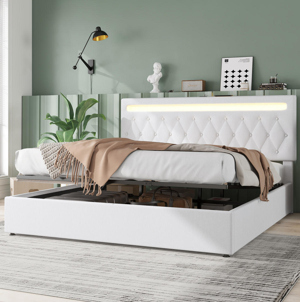 POLSTERBETT aus Leinen und MDF 180x200 cm Weiß mit hydraulischem Stauraum, LED-Beleuchtung und USB-Anschlüssen - Weiß, Textil (180/200cm) - IVMEU