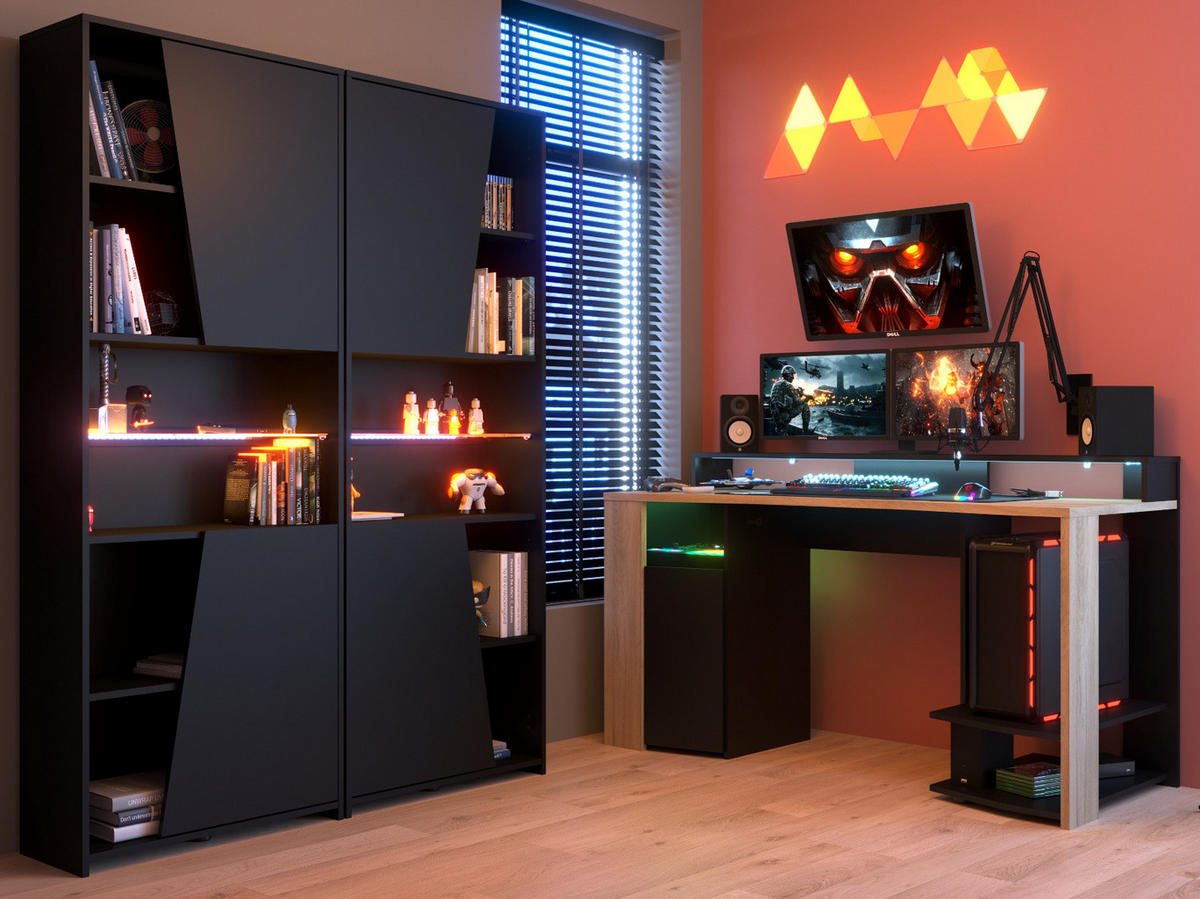 SCHREIBTISCHKOMBINATION schwarz, Eiche, Gamingtisch und Schrank inklusive LED-Beleuchtung - Eichefarben/Schwarz, Holzwerkstoff/Metall (62/286/180cm) - Parisot Meuble