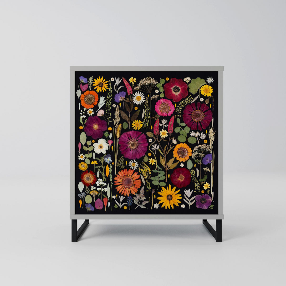 SIDEBOARD MIDNIGHT GARDEN, Grau, 57,5x42x72,5 cm, Schwarze Metallfüße - Multicolor/Schwarz, Holzwerkstoff/Metall (57.5/72.5/42cm) - SpaceRebels