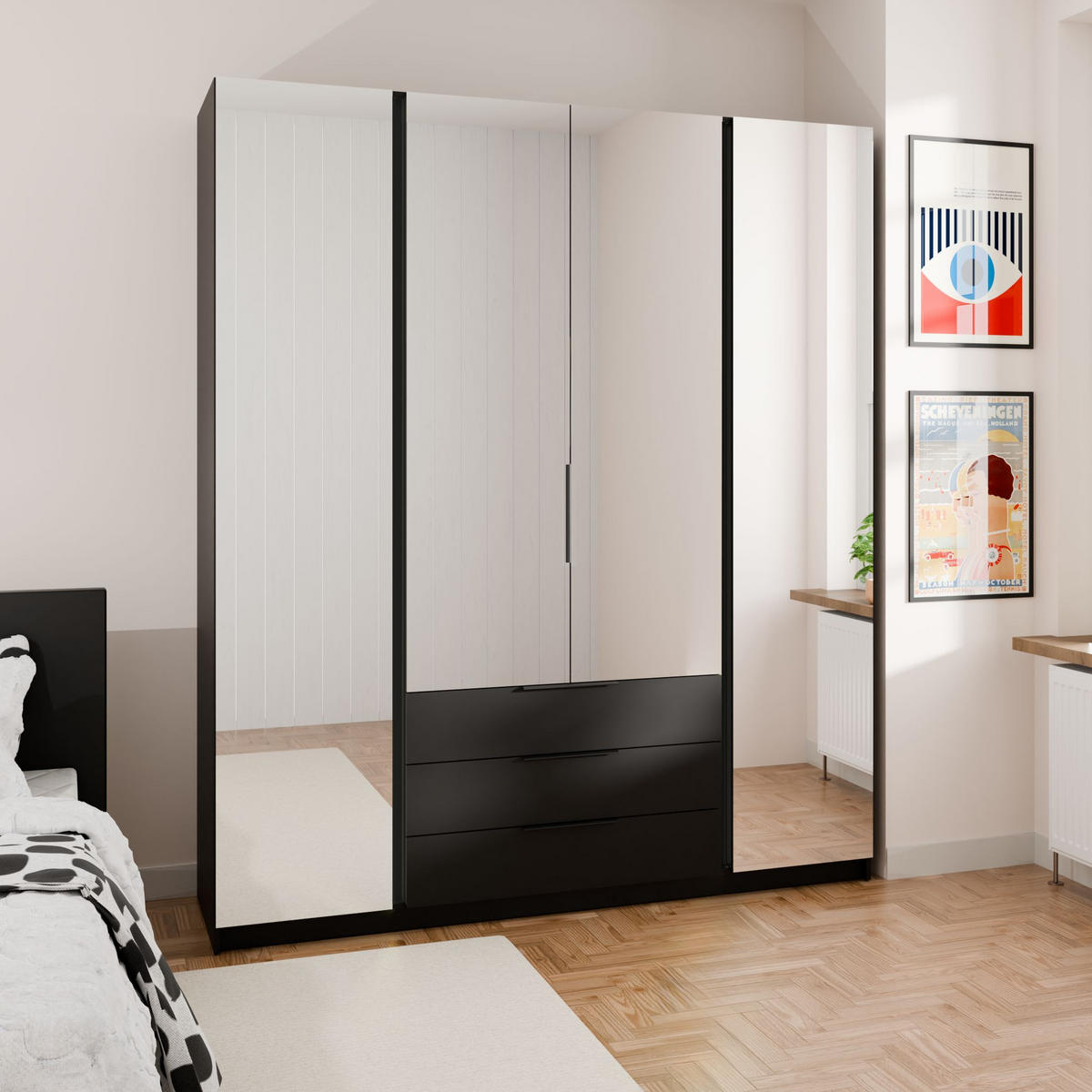DREHTÜRENSCHRANK CAGLIARI 200/239/61,9cm 4-türig mit Spiegel Schwarz - Schwarz, Holzwerkstoff (200/239/61.9cm) - MASSENO