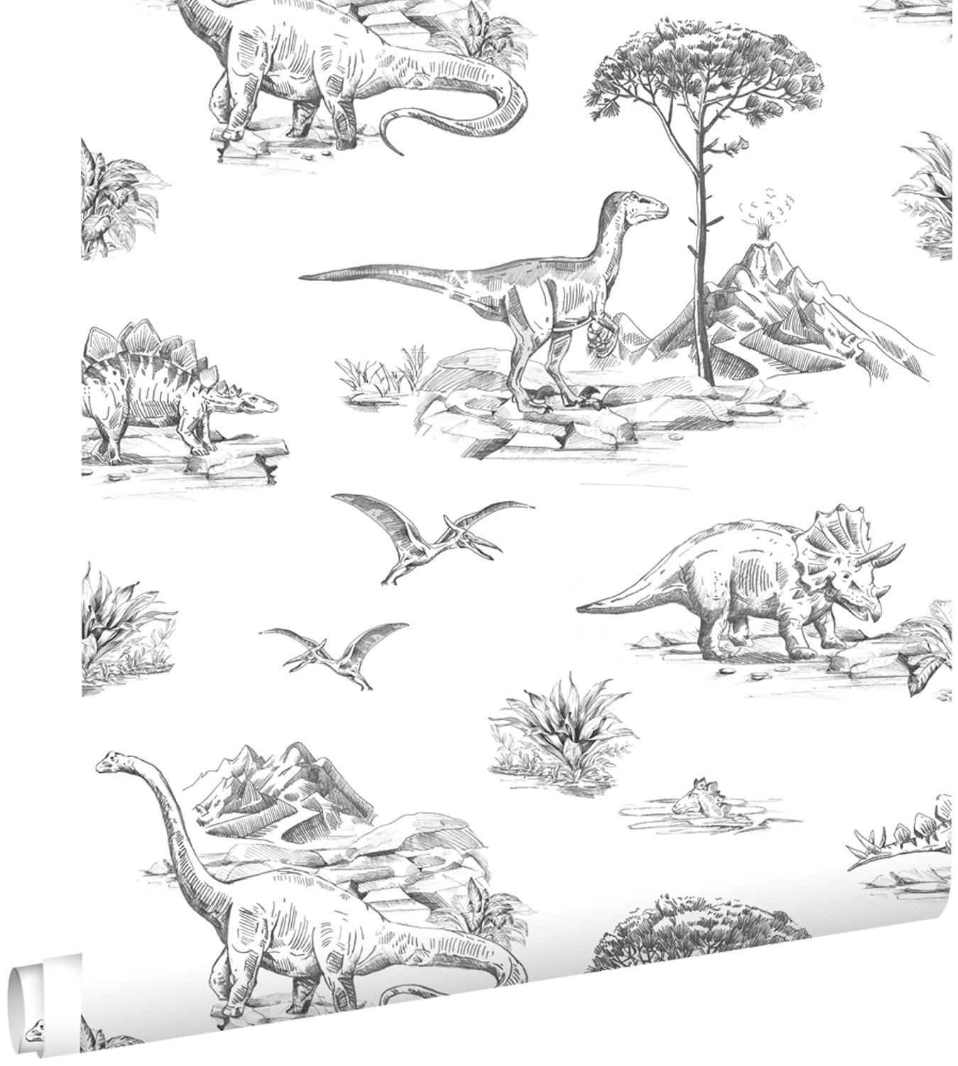 TAPETE Dinosaurier 53 cm x 10.05 m - Schwarz, Papier (53/0.1cm) - ESTAhome