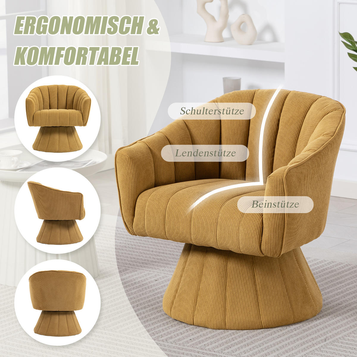 DREHSTUHL Moderner 360° Taupe mit Cord-Bezug - Taupe, Textil (70/72/66cm) - Urban Meuble