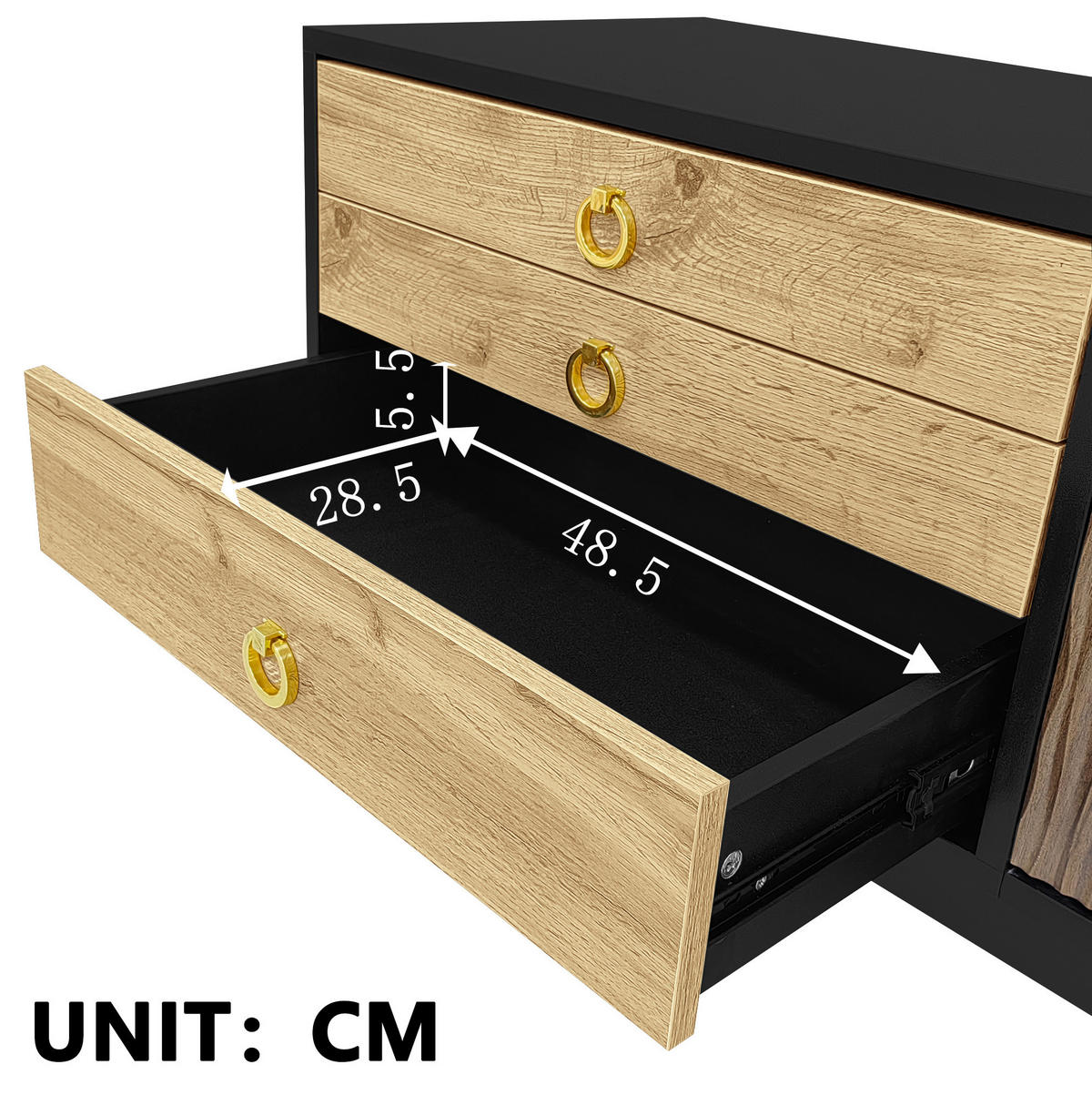 LOWBOARD 180/38/50 cm schwarz/natur aus MDF und Spanplatte mit Wellenmuster und 3 Schubladen - Schwarz, Holzwerkstoff (38/50/180cm) - OKMYHOME