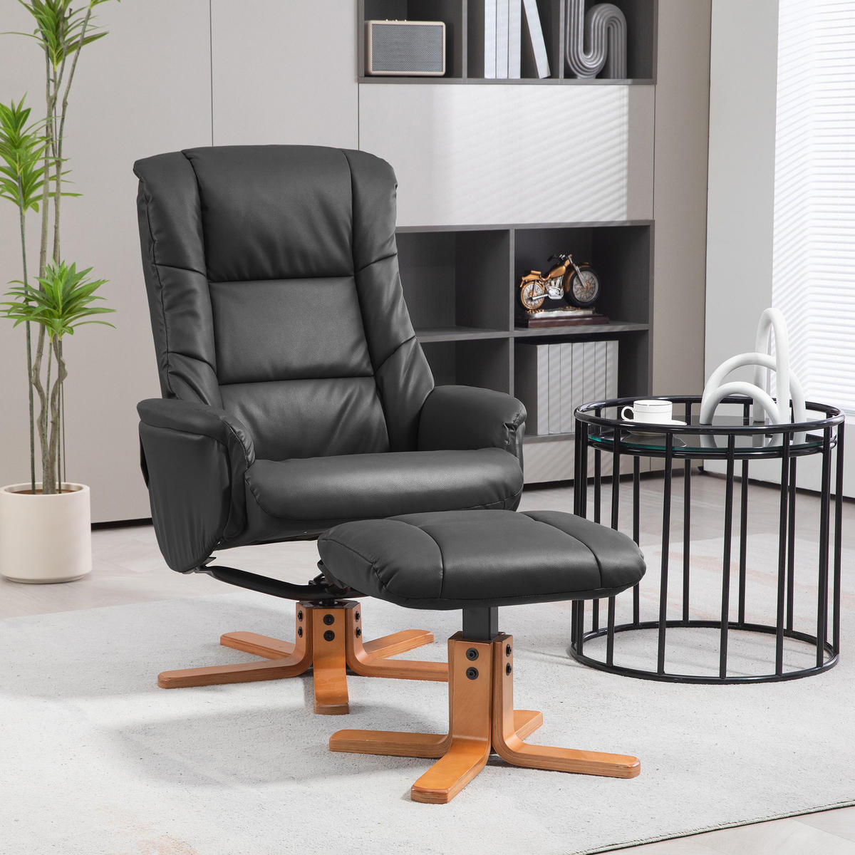 RELAXSESSEL mit Hocker, Fernsehsessel mit Liegefunktion, Wippfunktion, Schwarz - Schwarz, Leder/Holz (84/102/71cm) - HOMCOM