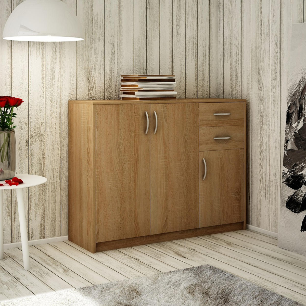 KOMMODE mit 2 Schubladen und 3 Türen - Hellbraun, Holzwerkstoff (110/85/35cm) - Home Collective