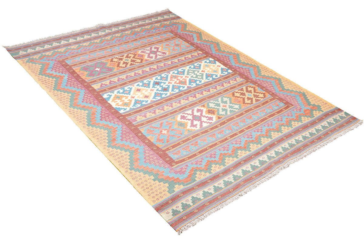 HANDWEBTEPPICH Sumak Sirdjan Kelim Bunt 225/156 cm Schurwolle - Multicolor, Textil (156/225cm) - Looma
